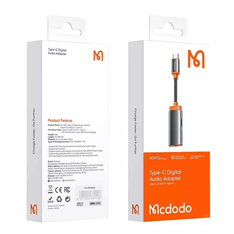 

Adapter USB-C do Mini jack 3.5m + USB-C Mcdodo CA-0500, PD 60W (czarny)