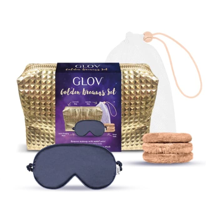 

GLOV SET Golden Dreams Satin Sleep Mask maska złuszczająca + Moon Pads Laundry Bag waciki do twarzy z woreczkiem + kosmetyczka