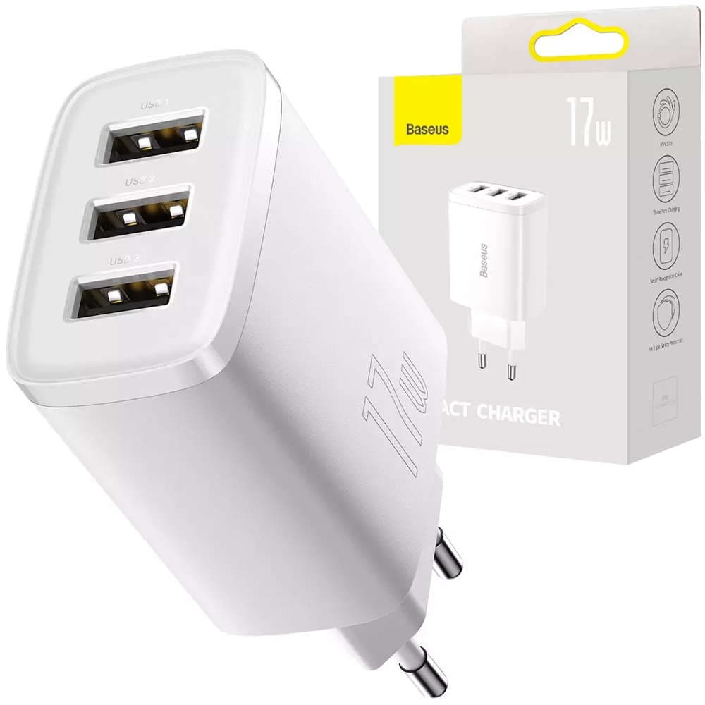 

Ładowarka sieciowa Baseus Compact Quick Charger 3x USB 17W do telefonu tabletu słuchawek Biała