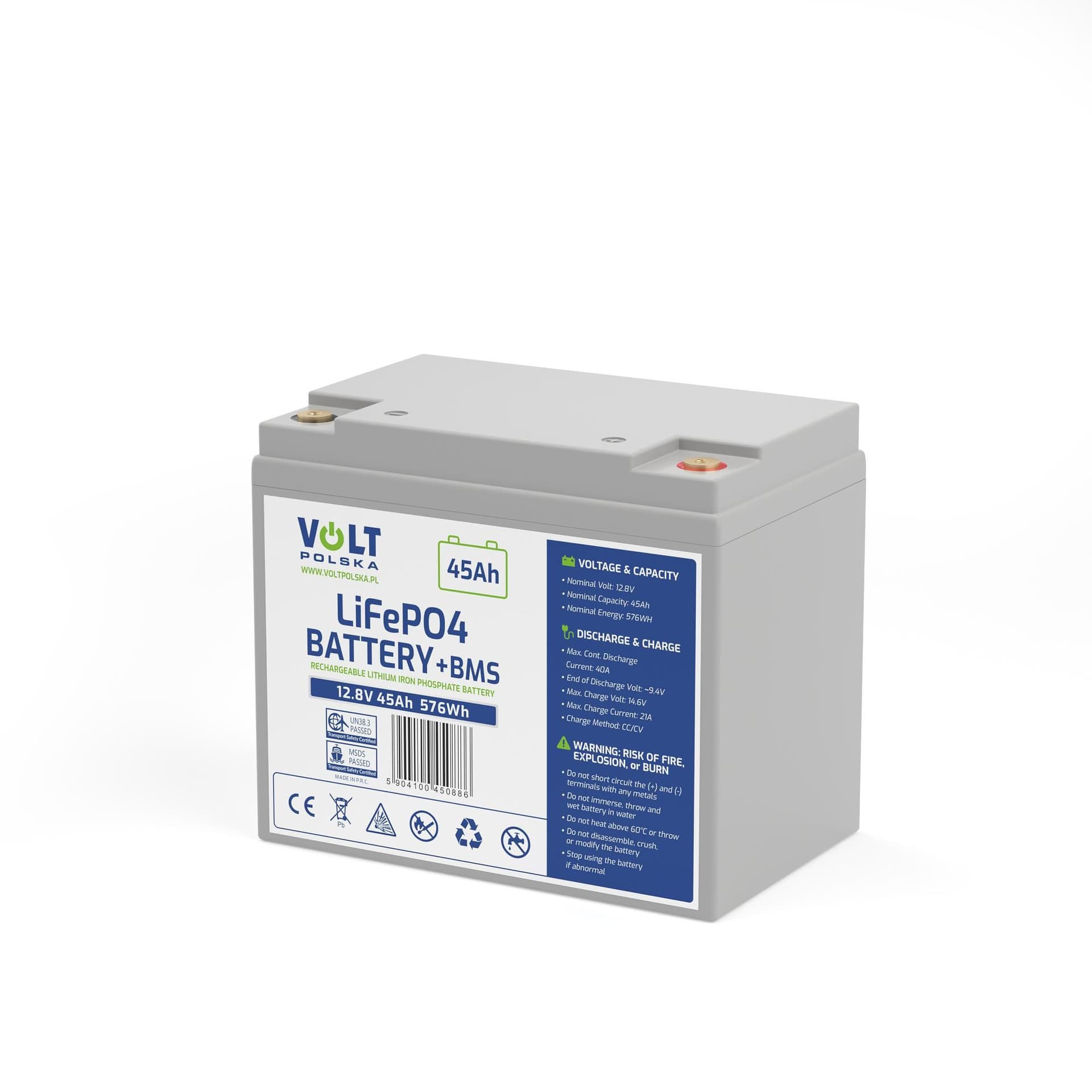 

AKUMULATOR VOLT POLSKA LITOWO-ŻELAZOWO-FOSFORANOWY LiFePO4 12V 45Ah 40A