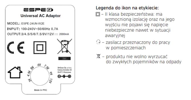 

ZASILACZ WTYCZKOWY 3-12V 2A 1m. 3V 4,5V 5V 6V 7,5V 9V 12VDC REGULOWANY ESPE