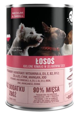 

PETREPUBLIC Kawałki z łososiem w sosie puszka dla psów 400g