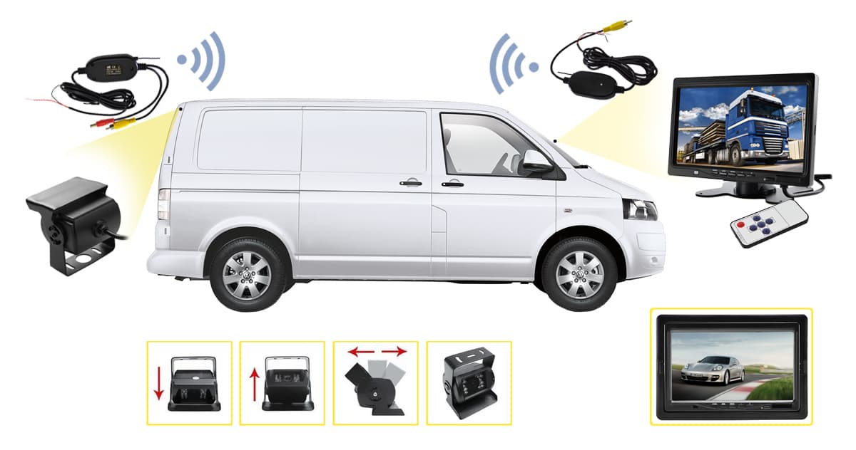

Zestaw: hm 716 hd monitor zagłówkowy 7 cali av 12v + gd b2091 samochodowa kamera cofania 12v 24v + c10wi bezprzewodowy moduł