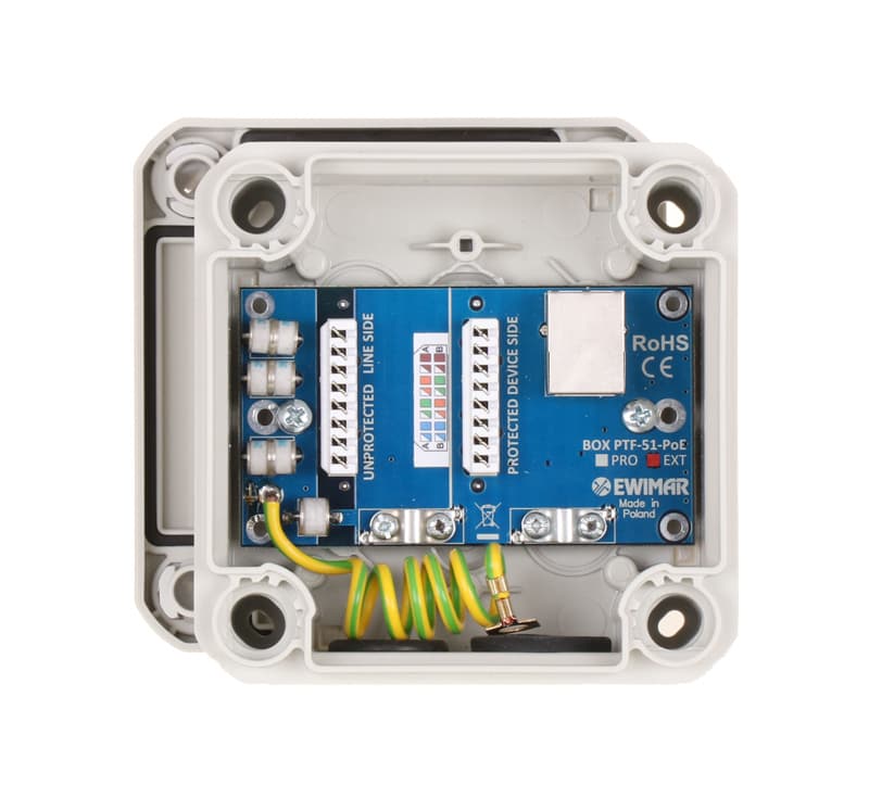 

Zewnętrzne zabezpieczenie przeciwprzepięciowe IP serii EXTREME z ochroną PoE EWIMAR BOX-1-PTF-51-EXT/PoE