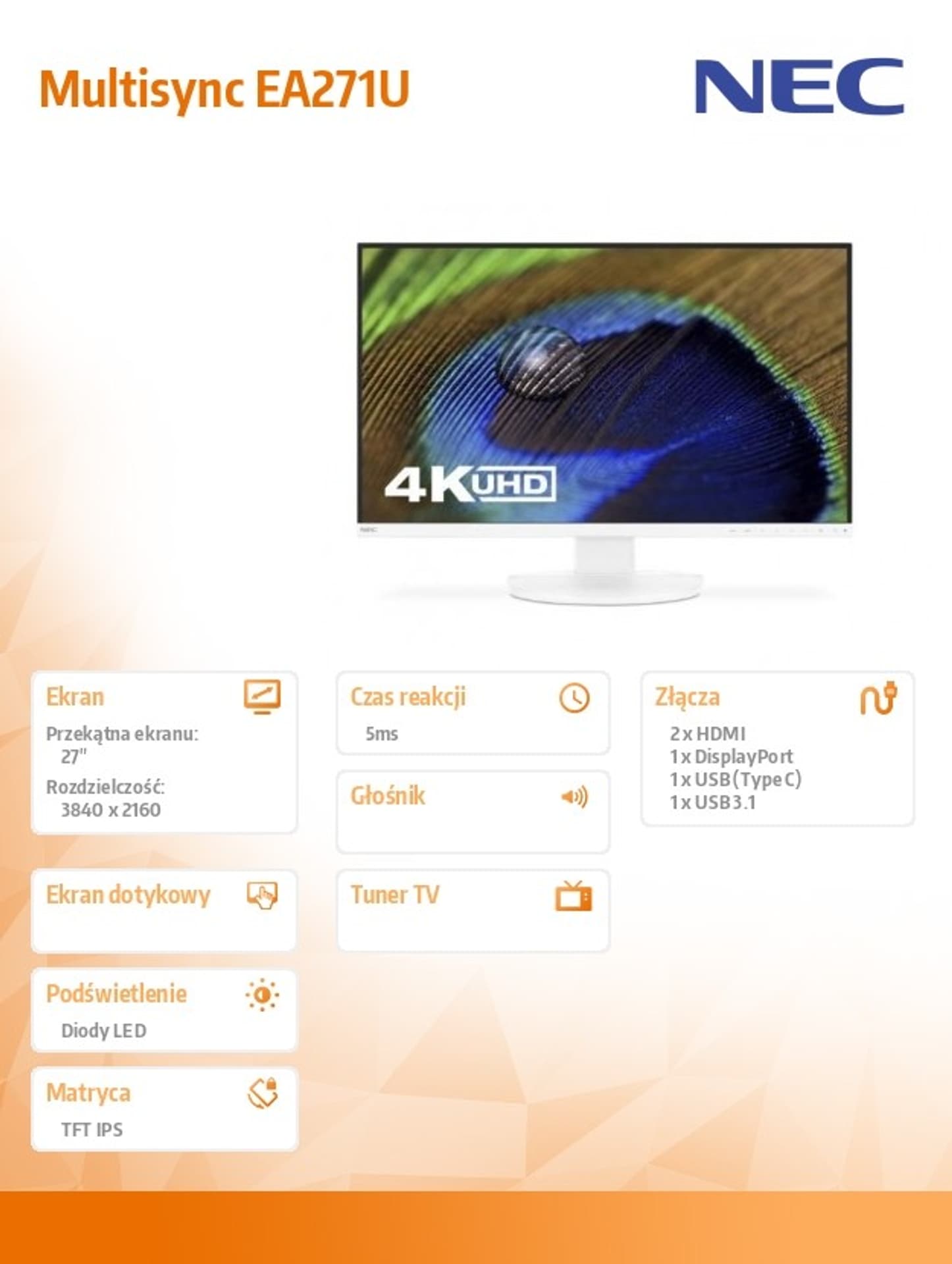 

Monitor Multisync EA271U 27 cali UHD Biały