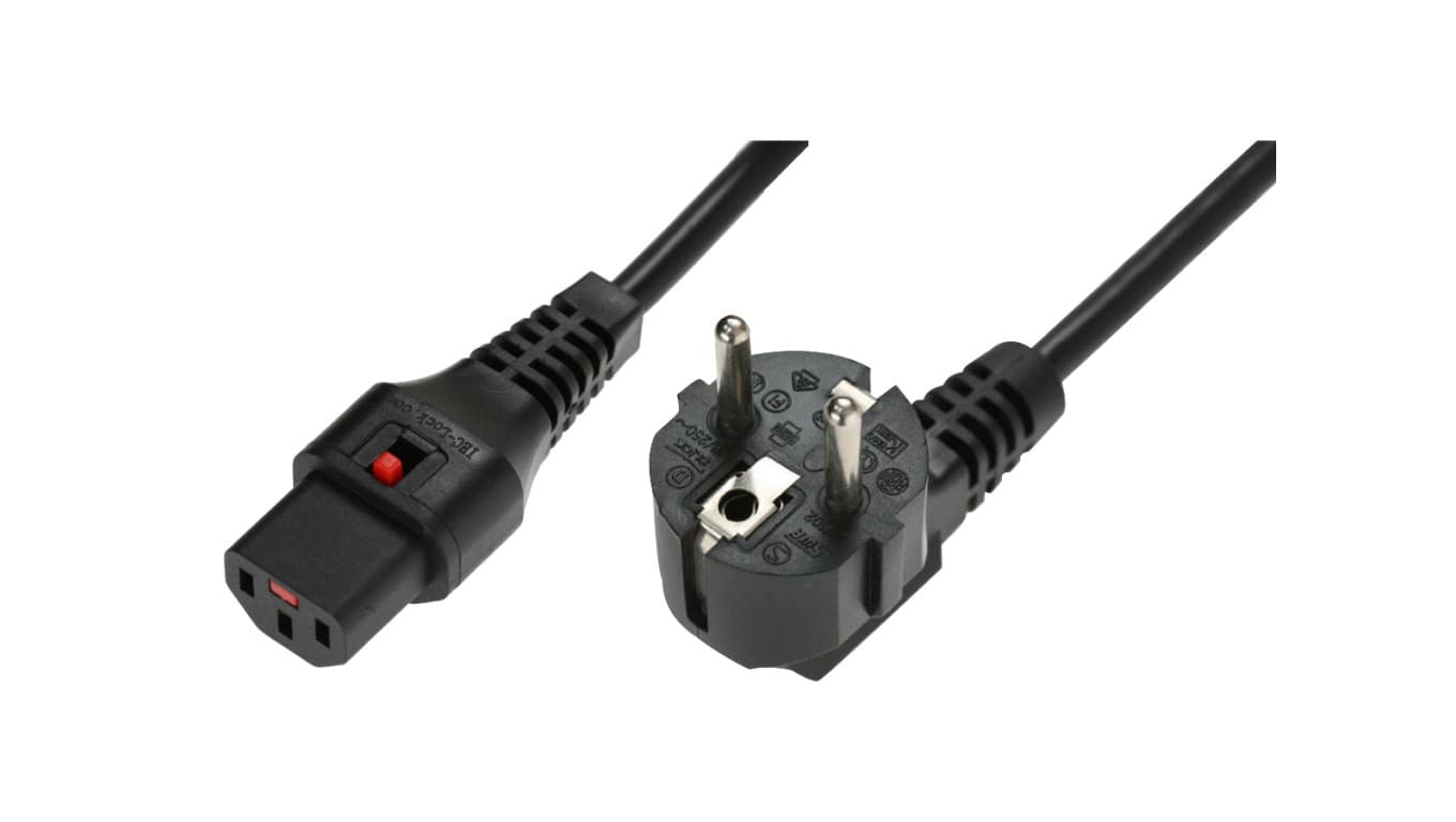 

Kabel połączeniowy zasilający 3x1 Schuko kątowy/IEC C13 prosty M/Ż czarny IEC-EL249S /1m/