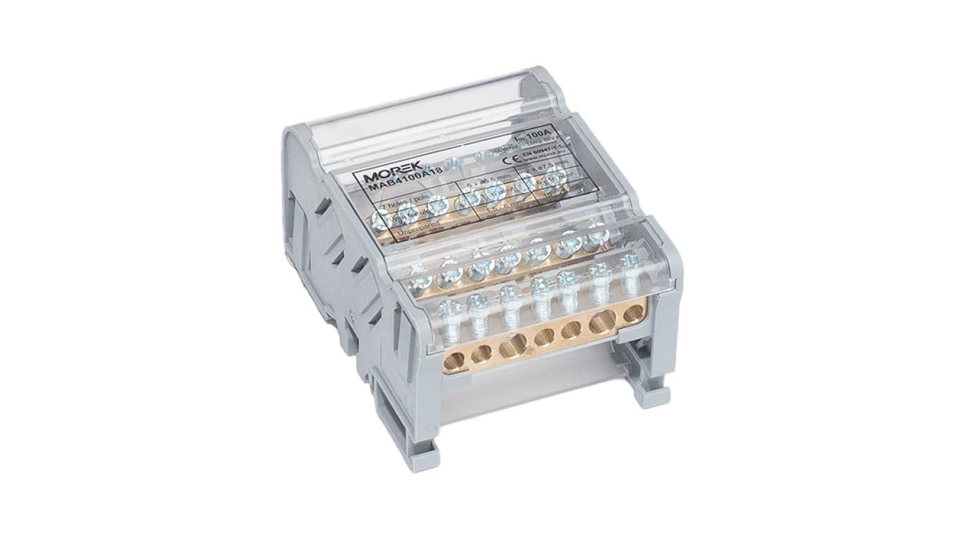 

Blok dystrybucyjno-rozdzielczy MOBLOCK 4-polowy 100A-7 2x25mm2 + 5x6mm2 TS35 MAB4100A18