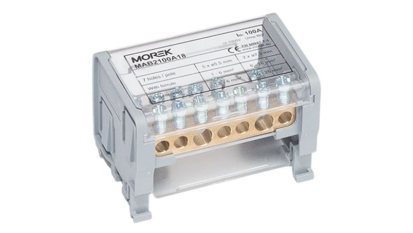 

Blok dystrybucyjno-rozdzielczy MOBLOCK 2-polowy 1000V 100A-7 2x25mm2 + 5x6mm2, TS35 MAB2100A18