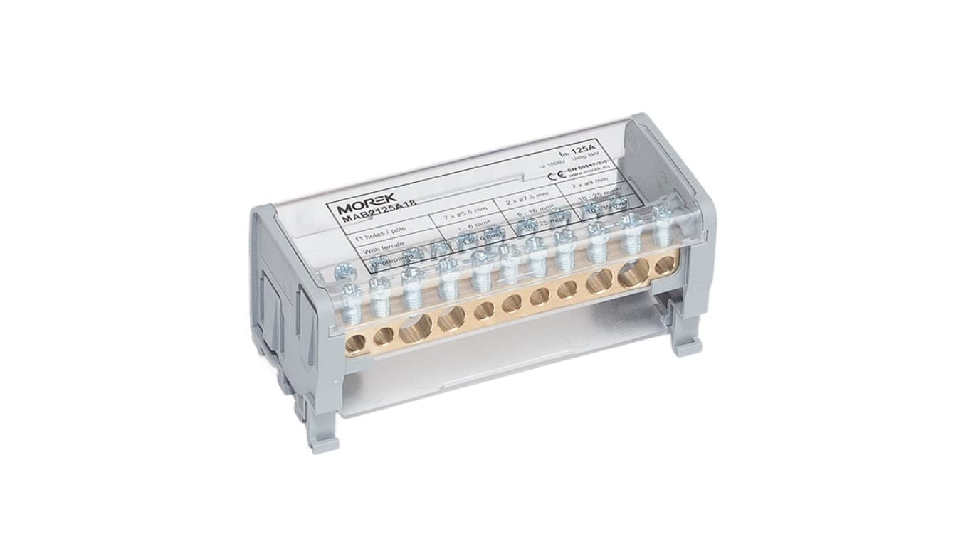 

Blok dystrybucyjno-rozdzielczy MOBLOCK 2-polowy 1000V, 125A-11 2x35mm2 + 2x25mm2 + 7x6mm2 TS35 MAB2125A18