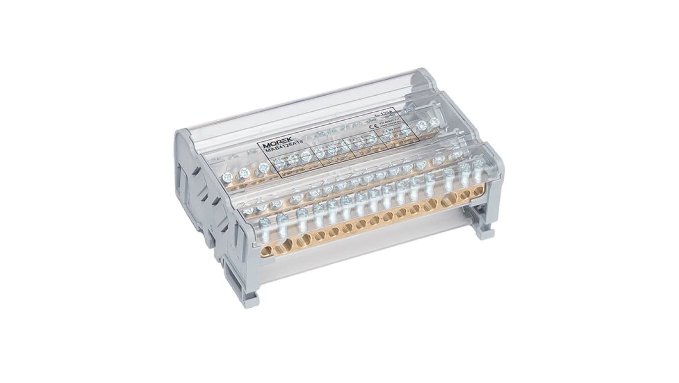 

Blok dystrybucyjno-rozdzielczy MOBLOCK 4-polowy 125A-15 2x35mm2 + 2x25mm2 + 11x6mm2 TS35 MAB4126A18