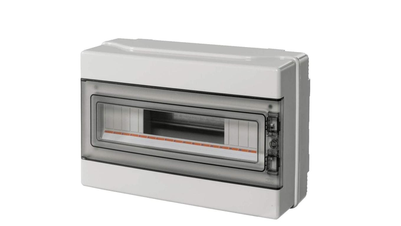 

Rozdzielnica modułowa 1x18 n/t bezhalogenowa drzwi transp.IP65 szyna N+PE szara 1000V AC 1500V DC PV UV 290x390x140, EC62018E