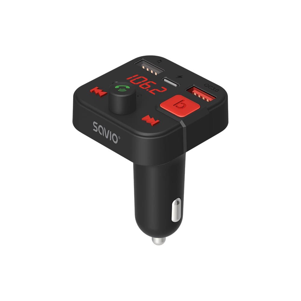

SAVIO TR-15 TRANSMITER FM Z WYŚWIETLACZEM, BLUETOOTH I ŁADOWARKĄ PD USB-C USB-A QUICK CHARGE, BASS BOOST