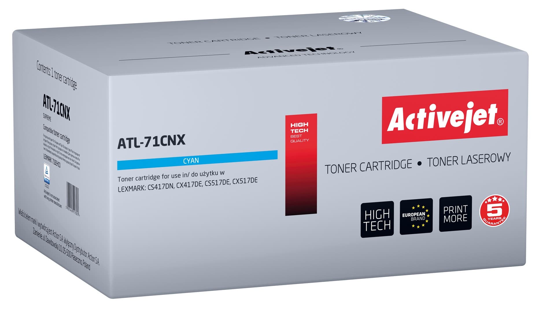 

Toner Activejet ATL-71CNX (zamiennik Lexmark 71B2HC0; Supreme; 3500 stron; niebieski)