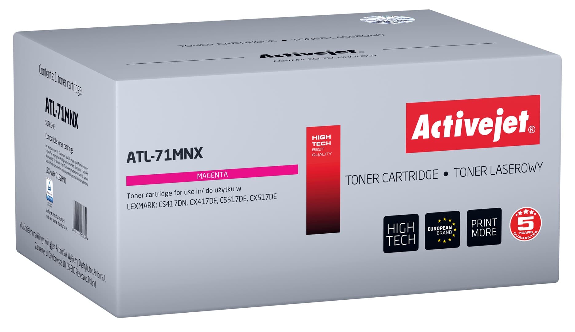 

Toner Activejet ATL-71MNX (zamiennik Lexmark 71B2HM0; Supreme; 3500 stron; czerwony)
