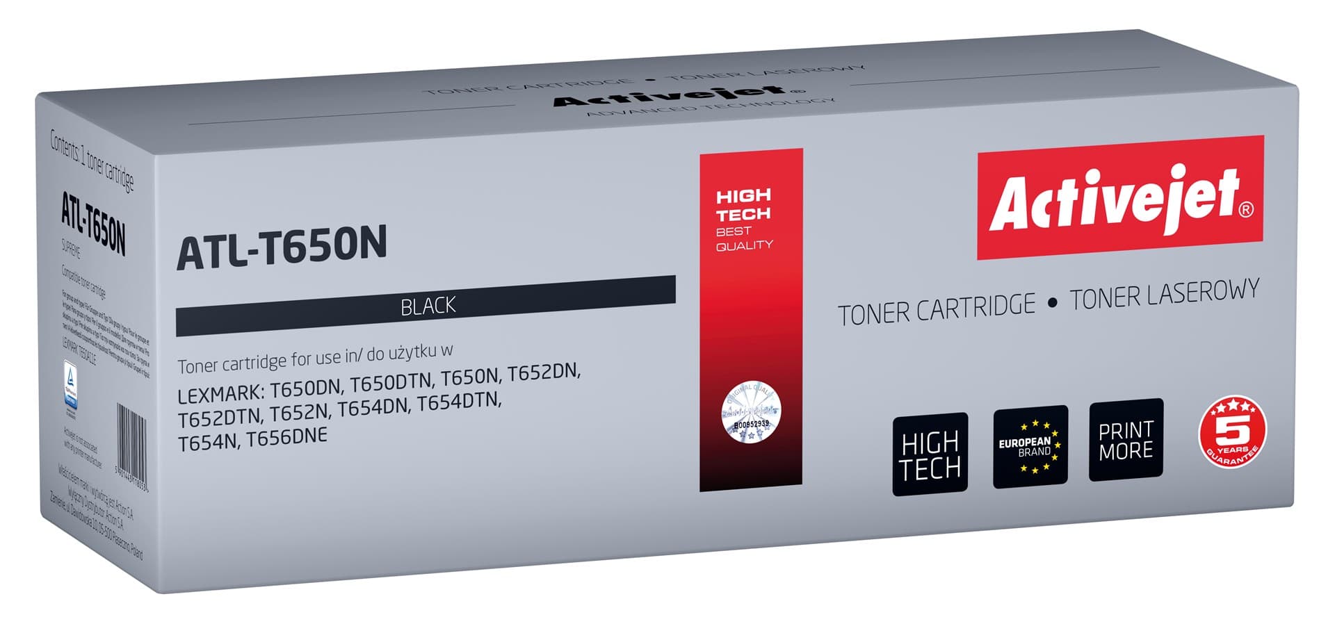 

Toner Activejet ATL-T650N (zamiennik LEXMARK T650A11E; Supreme; 6000 stron; czarny)