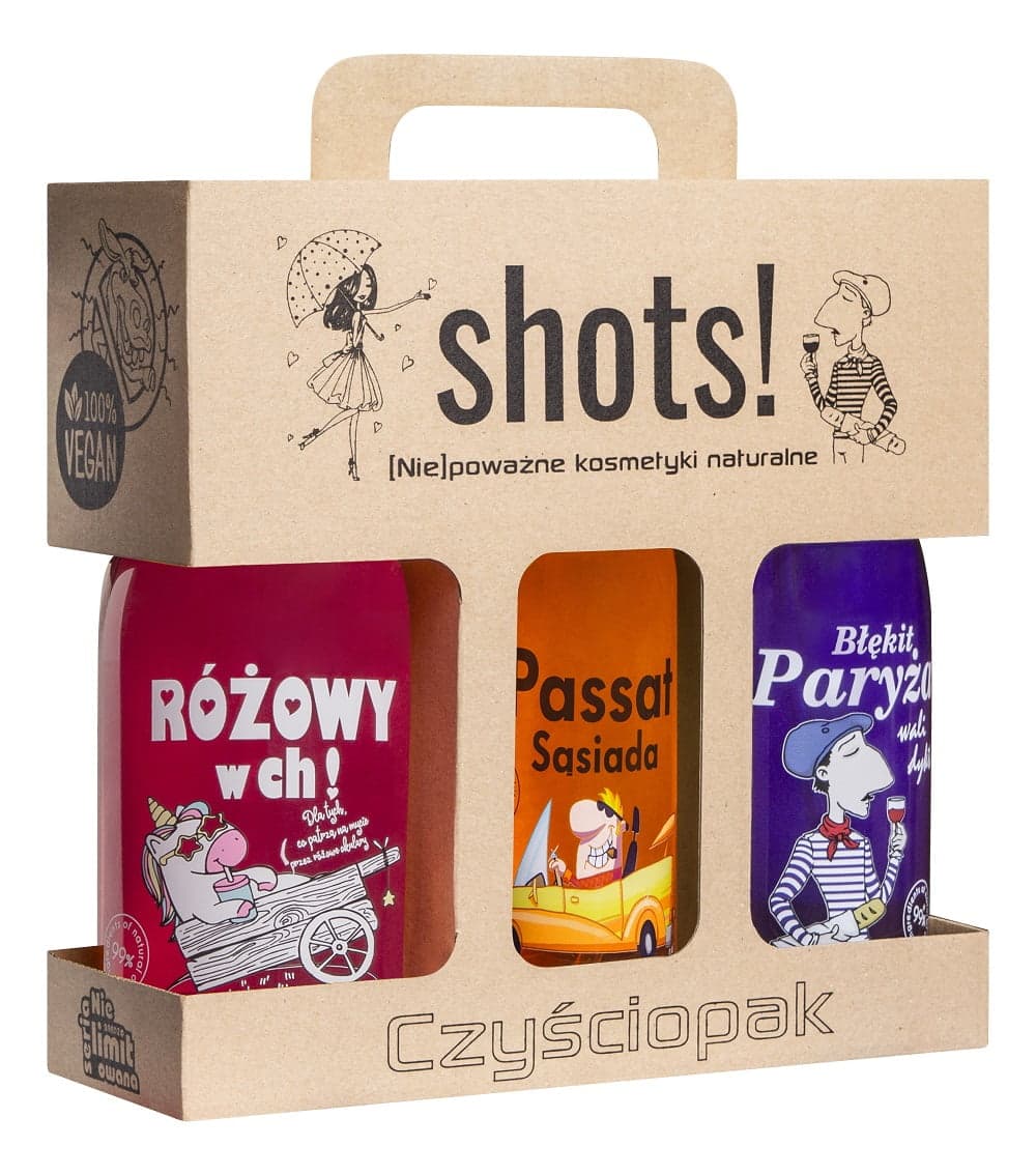 

LaQ Shots! Czyściopak Unisex zestaw żel pod prysznic Różowy w ch! 500ml + Passat Sąsiada 500ml + Błękit Paryża 500ml