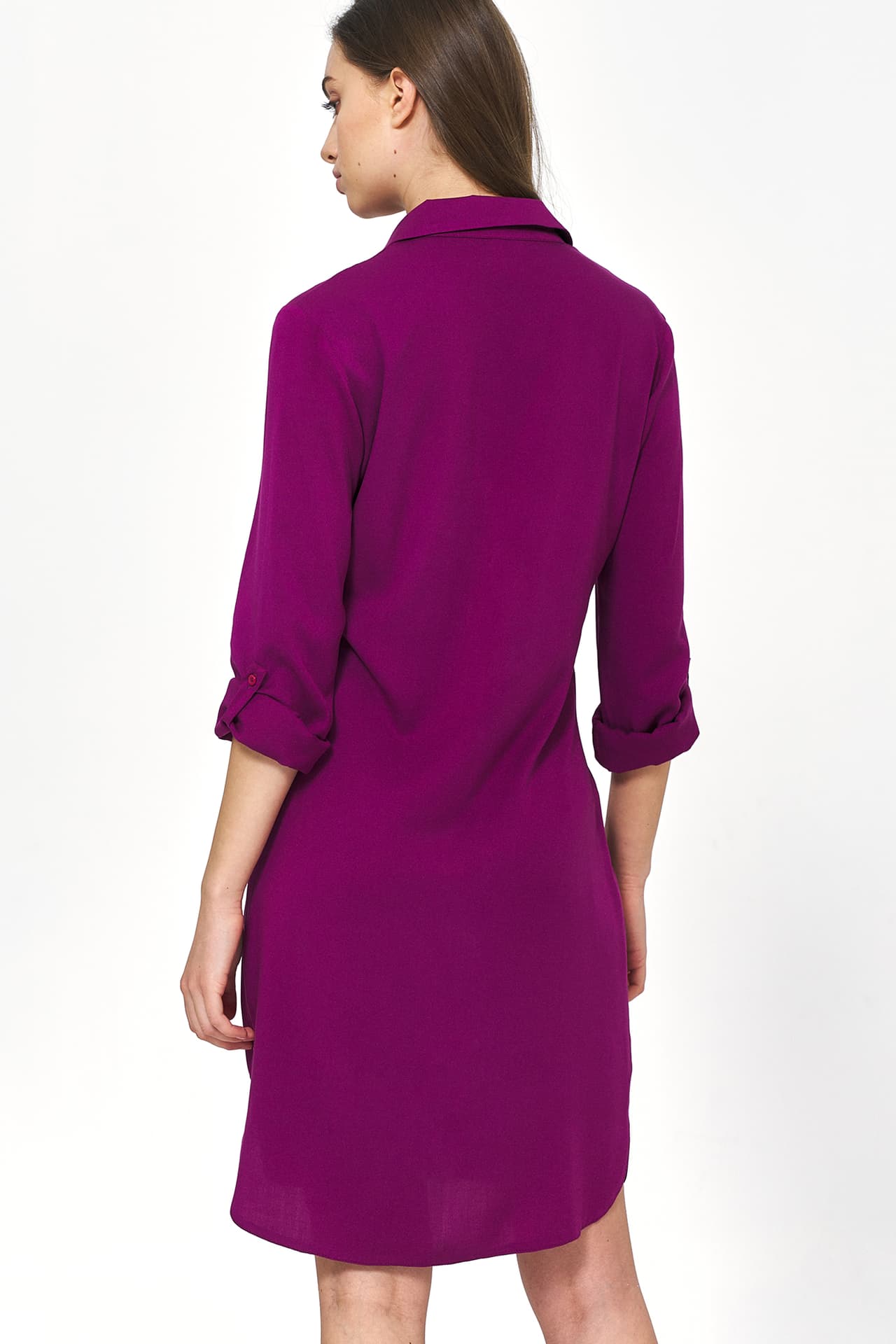 

Purpurowa sukienka oversize z podwijanym rękawem - S226 (kolor purpura, rozmiar 42)