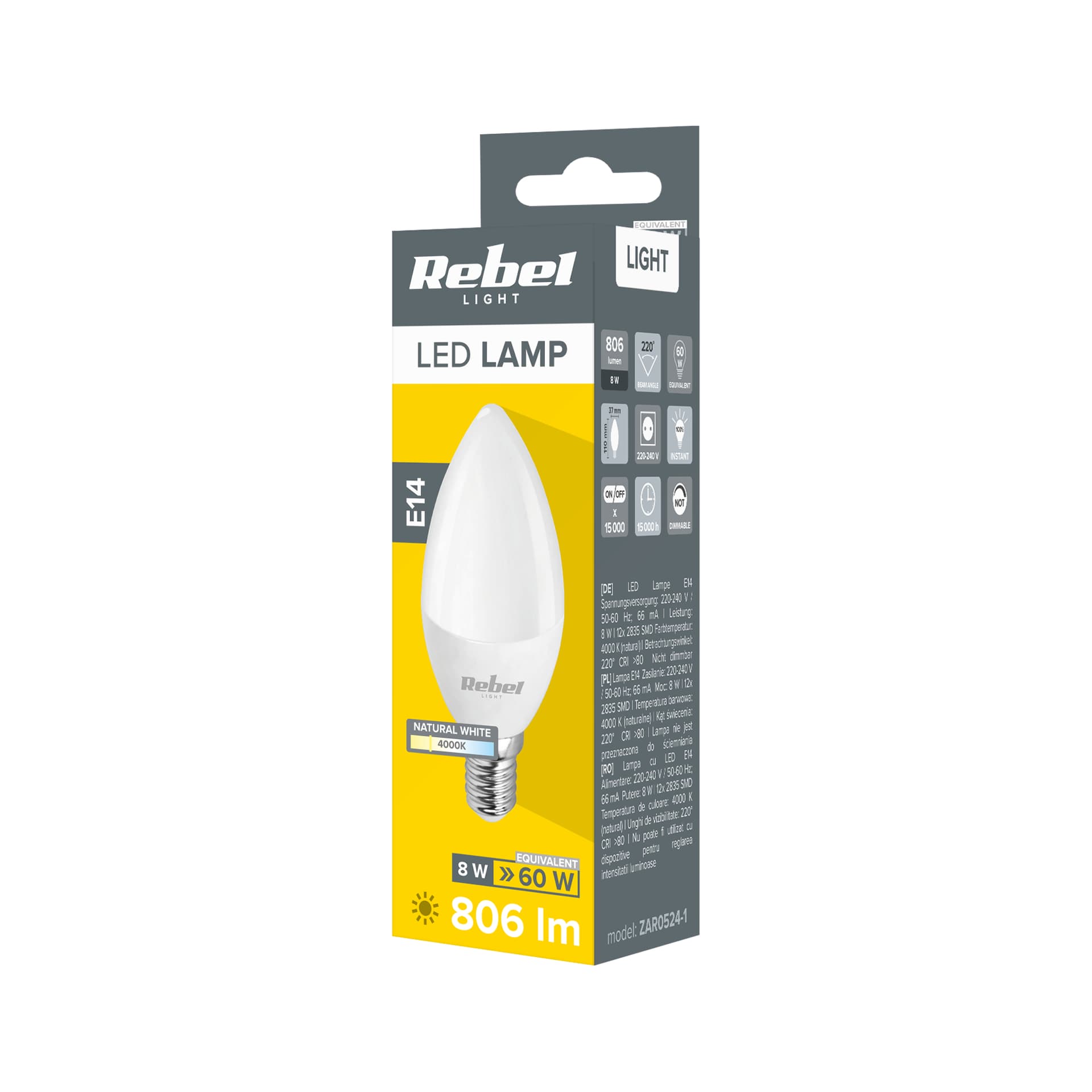 

Lampa Led Rebel świeca 8W, E14, 4000K, 230V