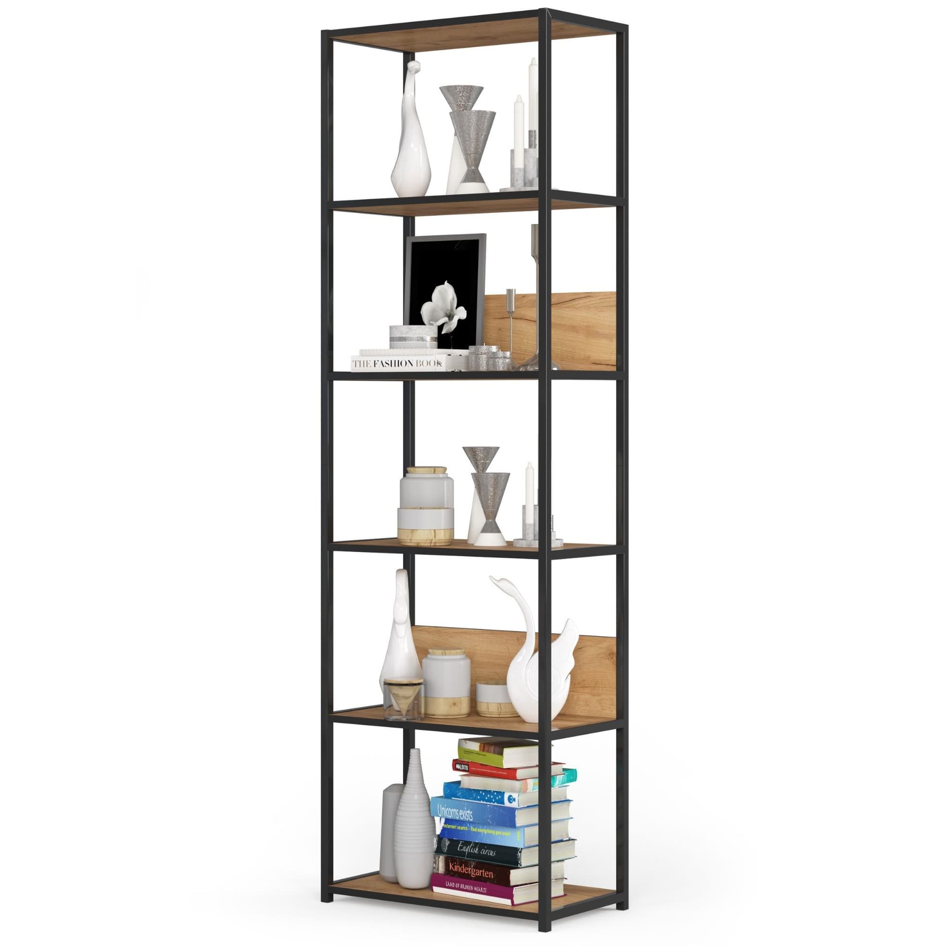

Regał loftowy metalowy 60 cm - czarny-dąb craft - 6 półek