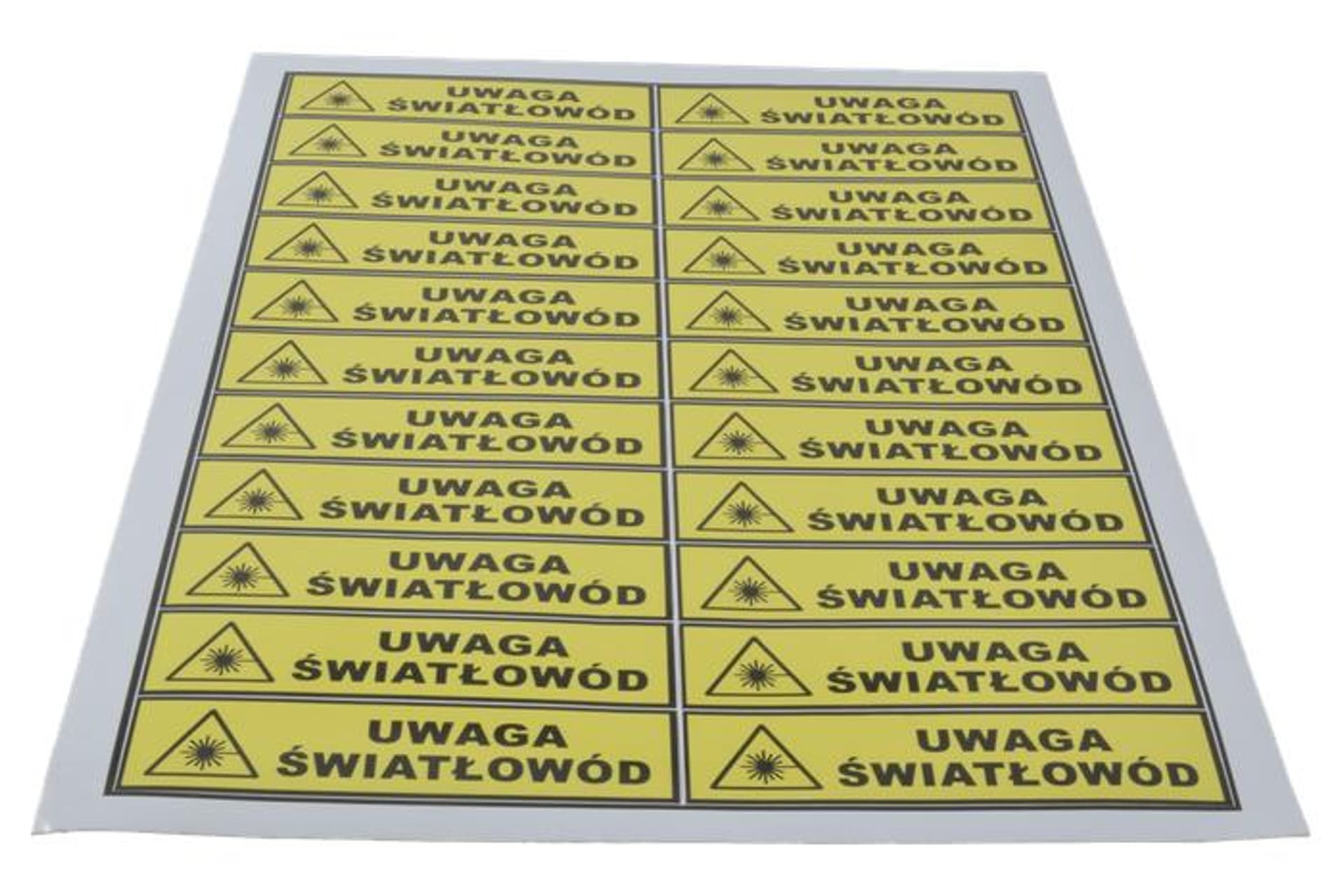 

Naklejka 25x100mm z trójkątem i napisem Uwaga światłowód - Arkusz 22szt.