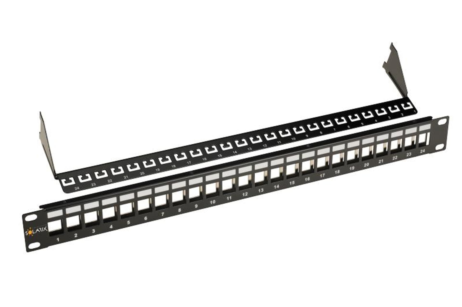 

Modularny patch panel Solarix 24 portów nieosadzony keystone czarny 1U