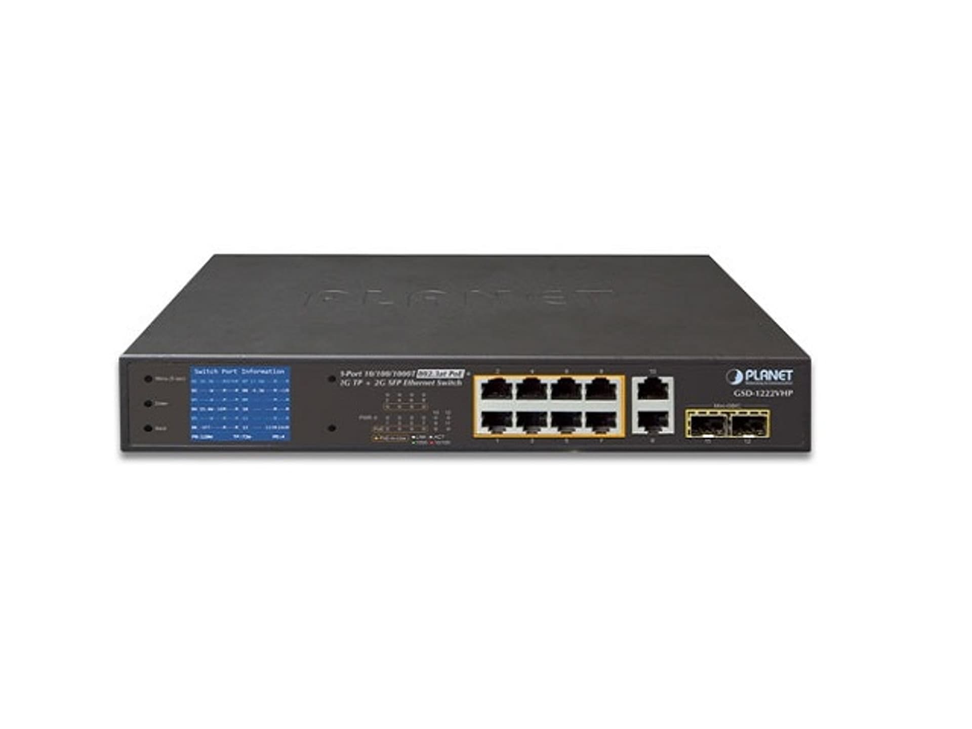 

SWITCH PLANET GSD-1222VHP 8X 1GB POE/2X 1GB/2X SFP NIEZARZĄDZALNY LCD