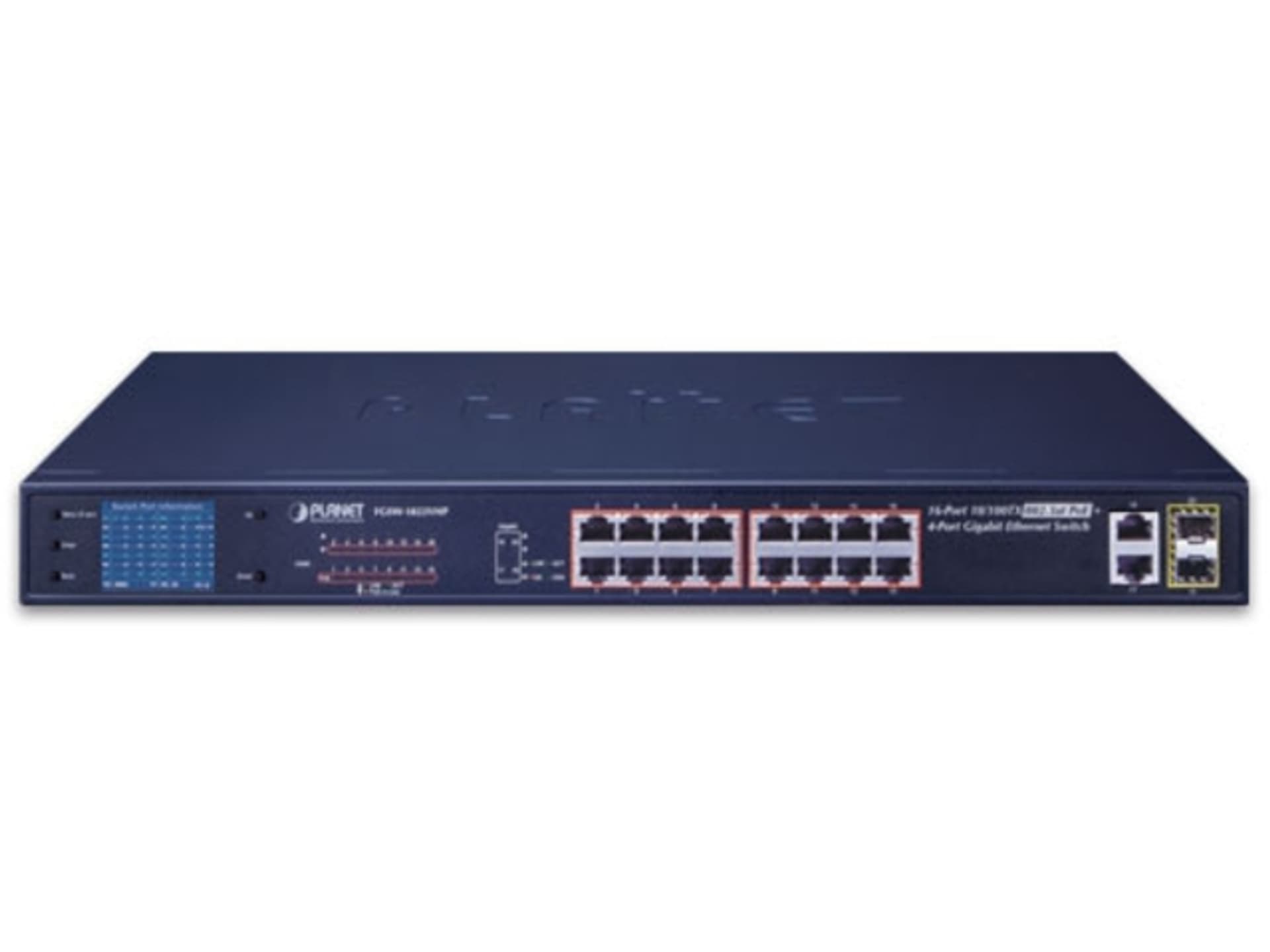 

SWITCH PLANET FGSW-1822VHP 16X 100BASE-TX 802.3AT POE+/2X GIGABIT TP/SFP FAST ETHERNET LCD