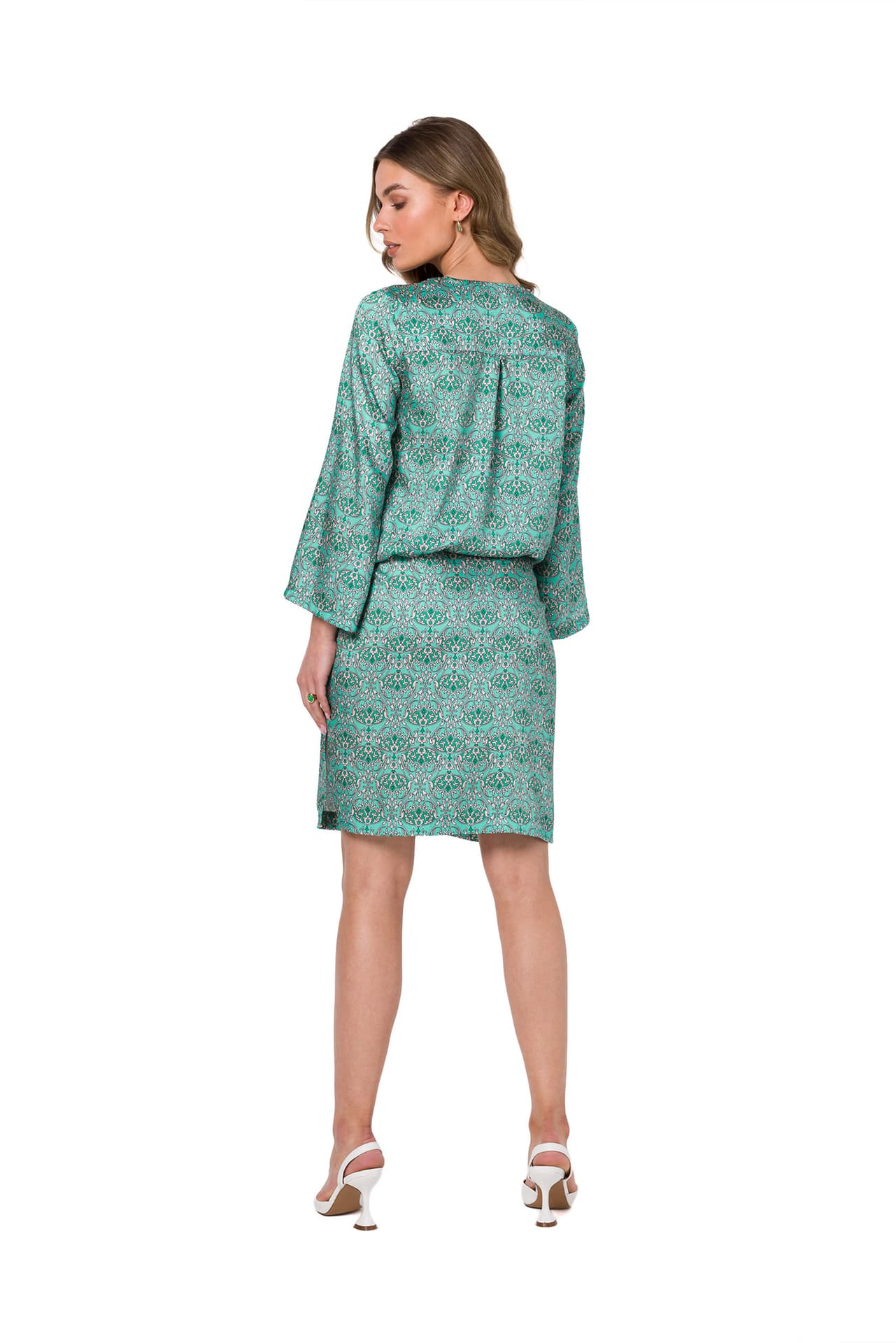 

S338 Sukienka typu kaftan z wiązaniem przy szyi - model 1 (kolor wielokolorowy, rozmiar L)