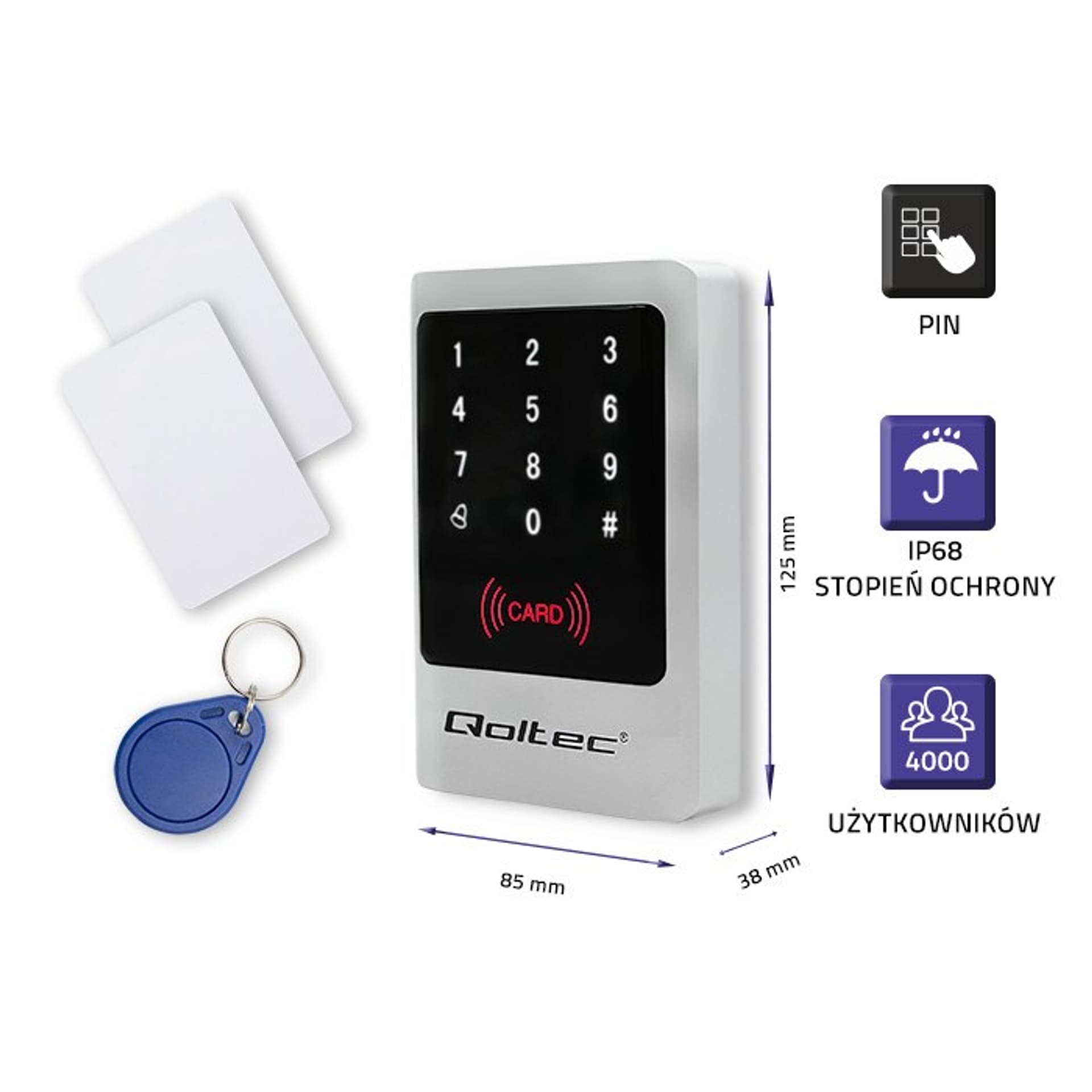 

QOLTEC ZAMEK SZYFROWY MIMAS Z CZYTNIKIEM RFID | KOD | KARTA | BRELOK | DZWONEK | IP68 | EM