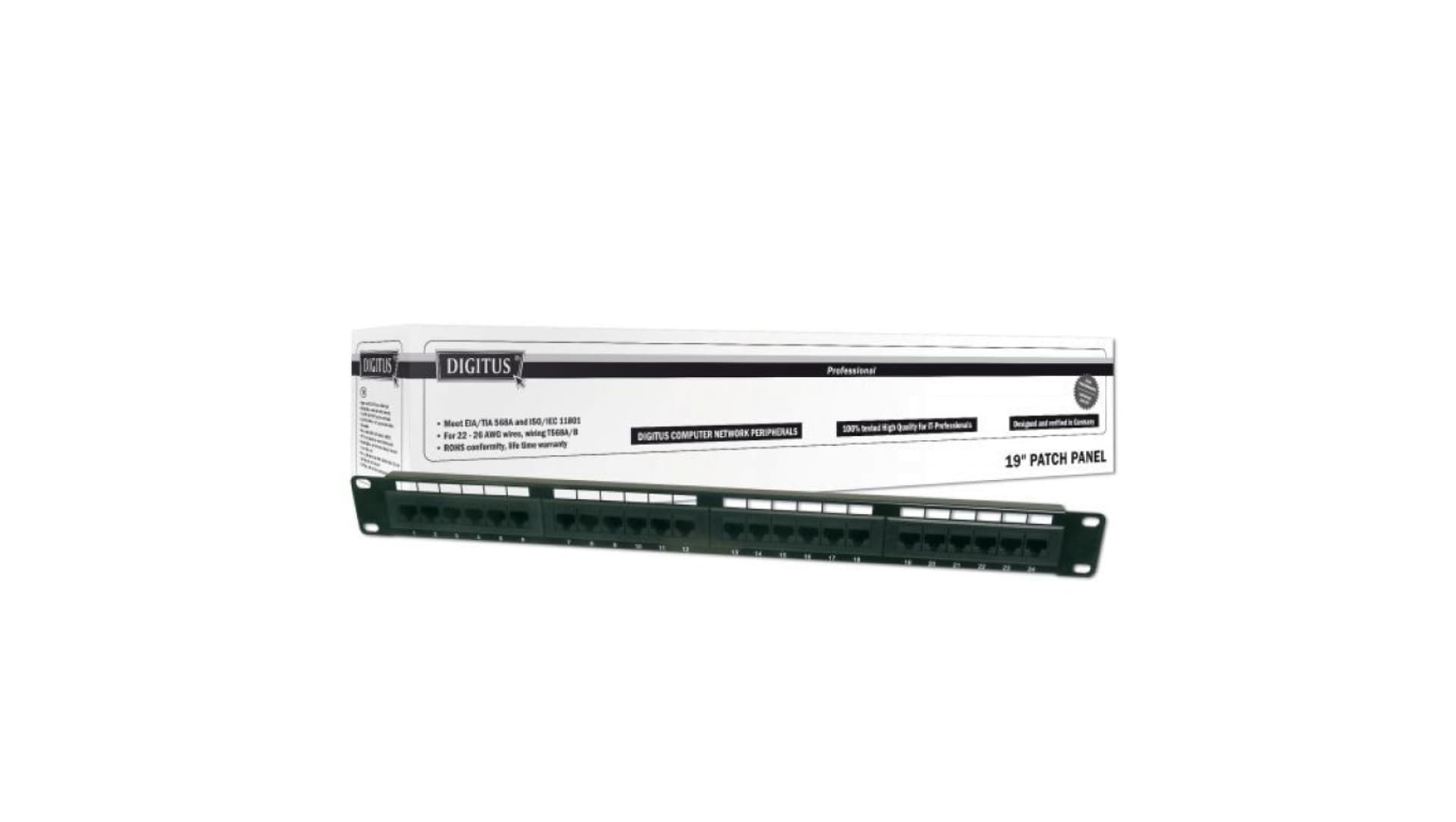 

Patch panel kompletny 19 cali 24x RJ45 U/UTP kat. 6 1U czarny (RAL 9005) DN-91624U, Ral 9005) dn-91624