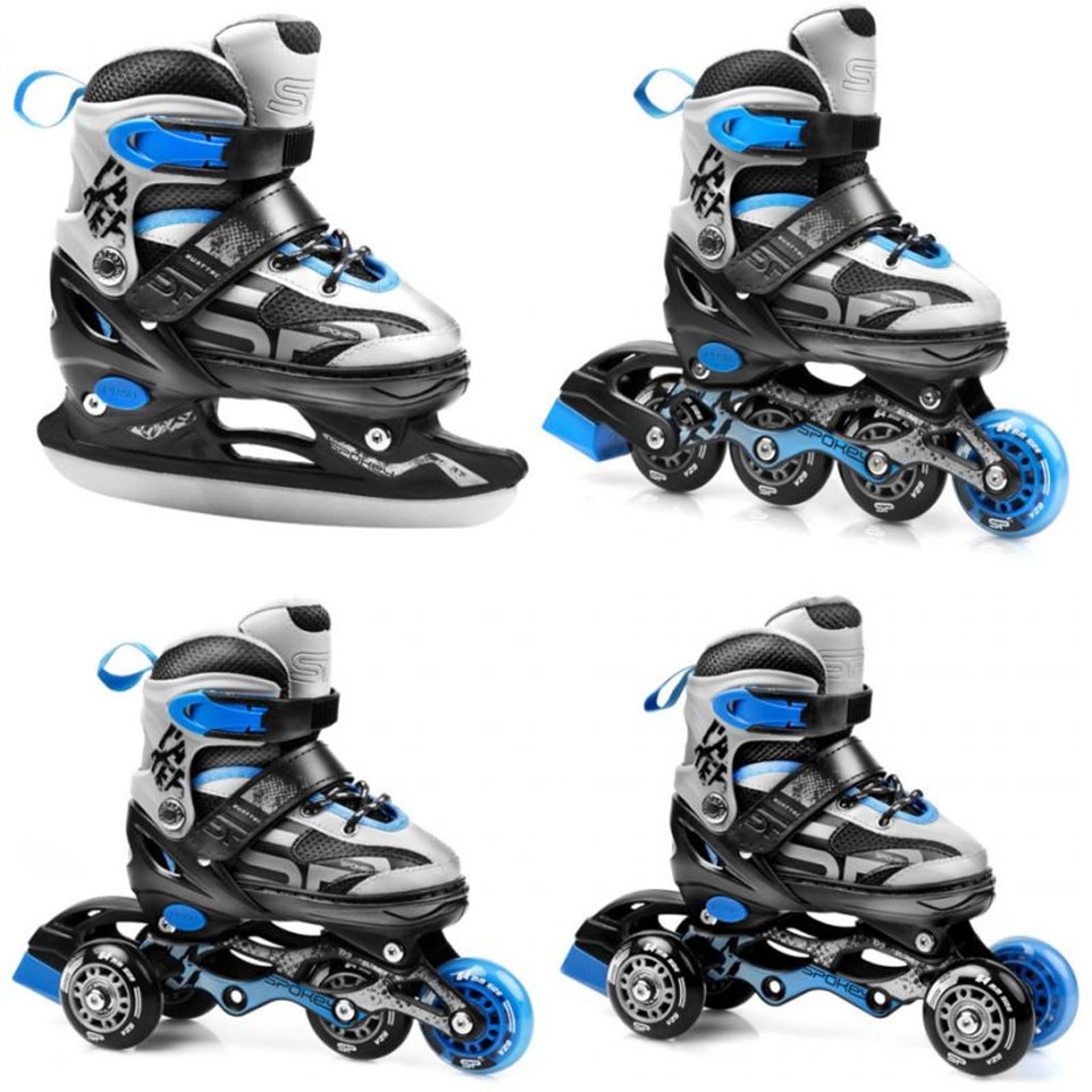 

Łyżworolki Spokey Quattro 4in1 Jr 926655-926656 (kolor Czarny. Niebieski, rozmiar 34-37)