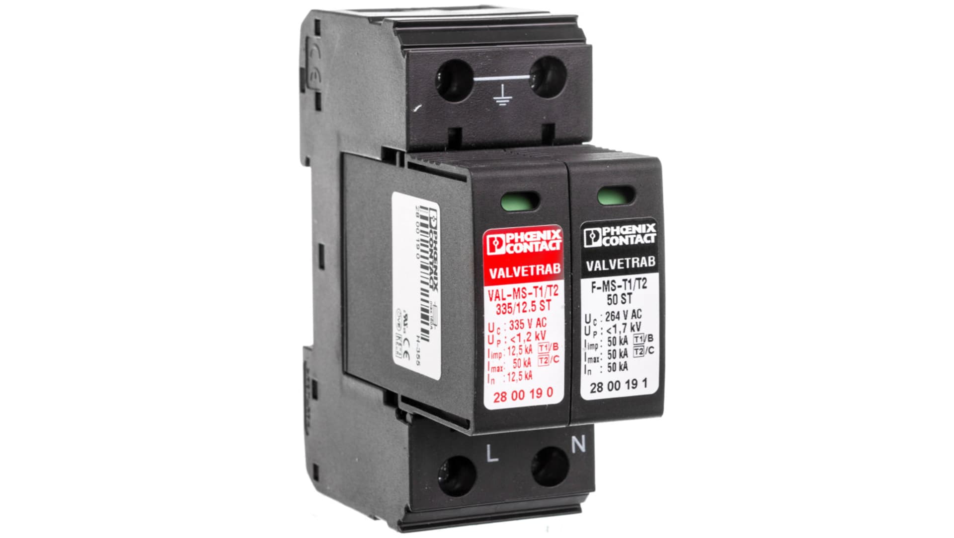

Ogranicznik przepięć B+C Typ T1+T2 12,5kA 1,2kV 240V AC VAL-MS-T1/T2 335/12.5/1+1 2800187