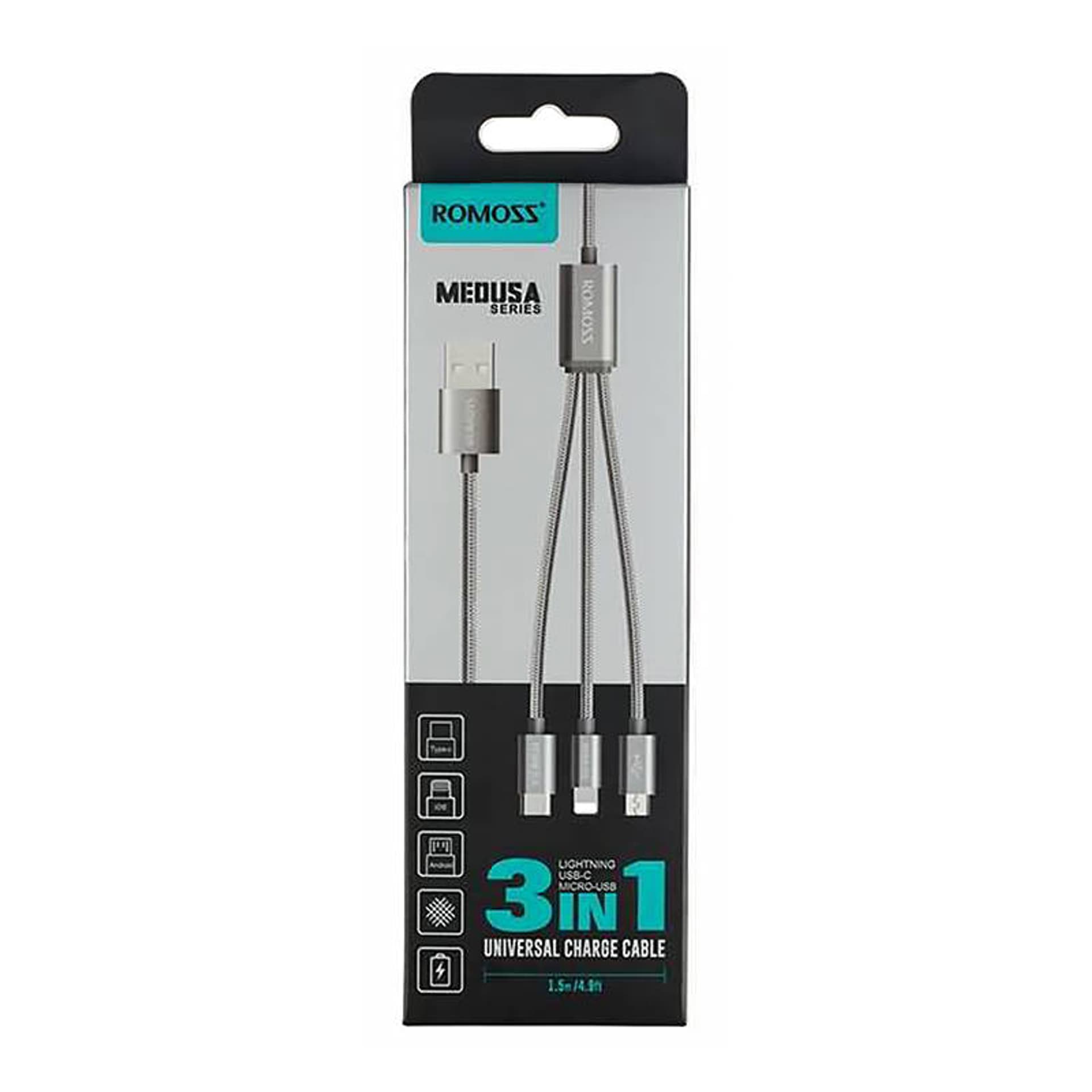 

Kabel USB Romoss CB25A 3w1 USB-C / Lightning / Micro 3A 1m (szary)