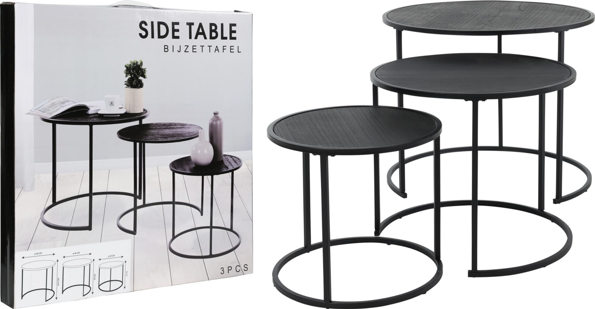 

Komplet 3 stolików metalowych z blatem MDF