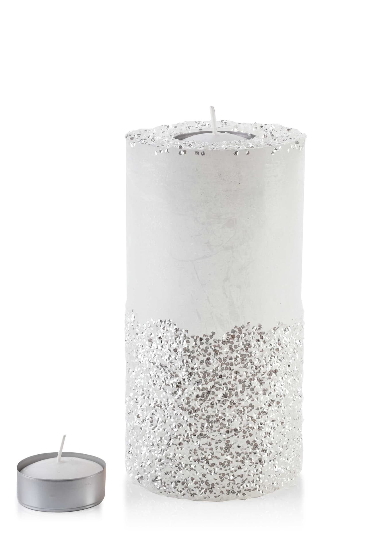 

ŚWIECA LAMPION WALEC 120X240 DIAMENT BIAŁY SREBRNE KRYSZTAŁKI