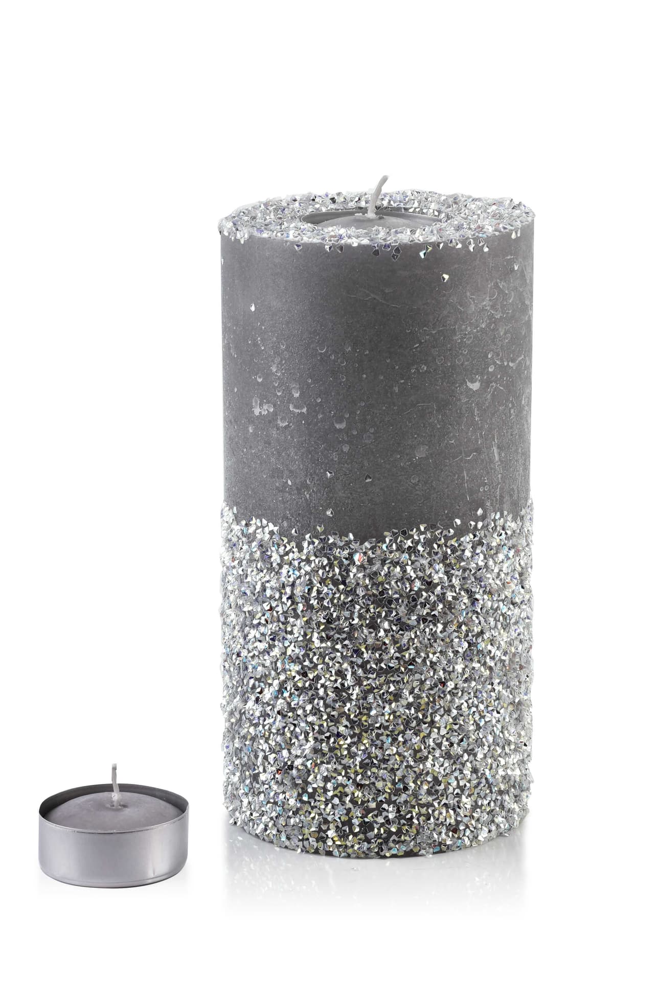 

ŚWIECA LAMPION WALEC 120X240 DIAMENT SZARY SREBRNE KRYSZTAŁKI