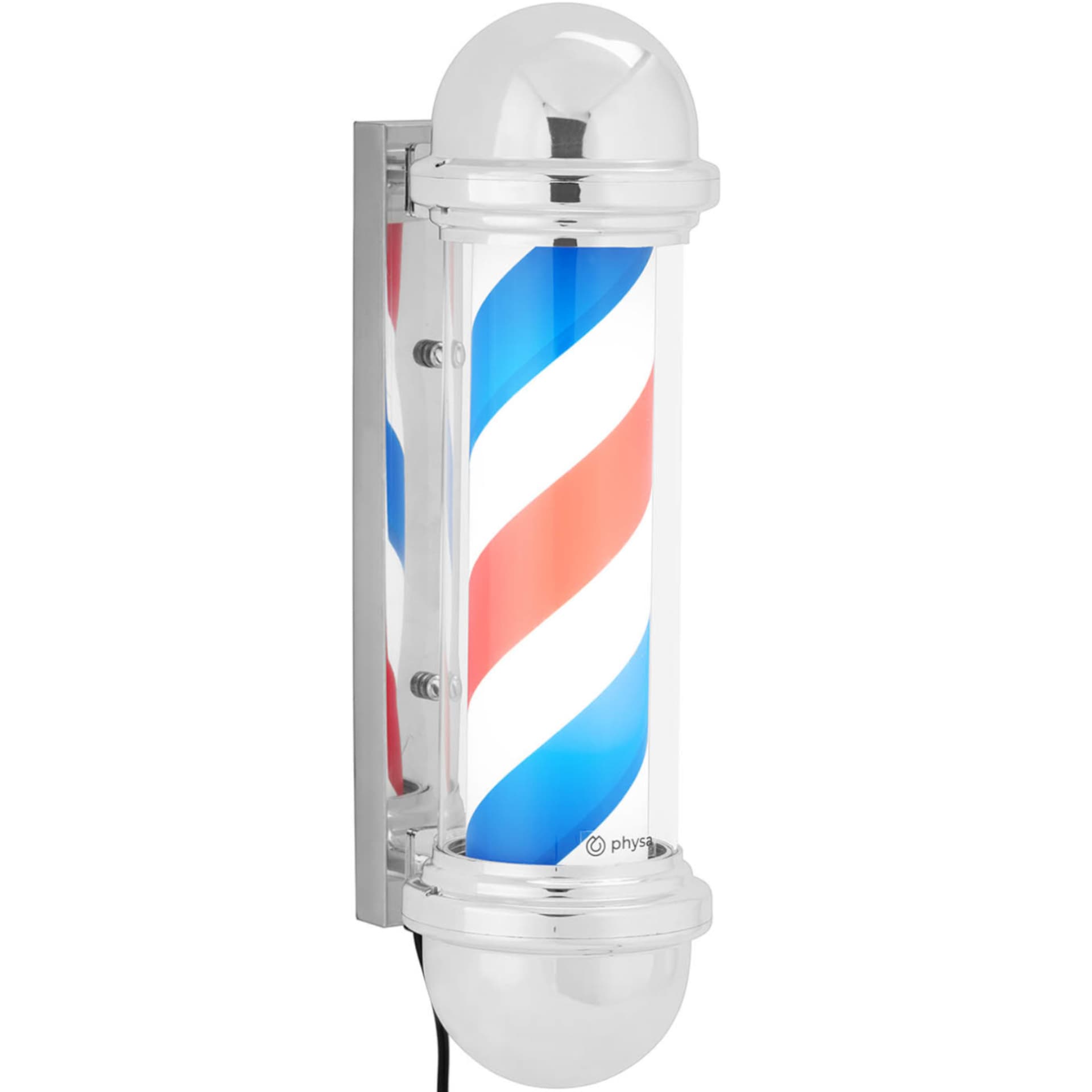 

Słupek szyld fryzjerski barberski barber pole obrotowy podświetlany 30 cm - srebrny