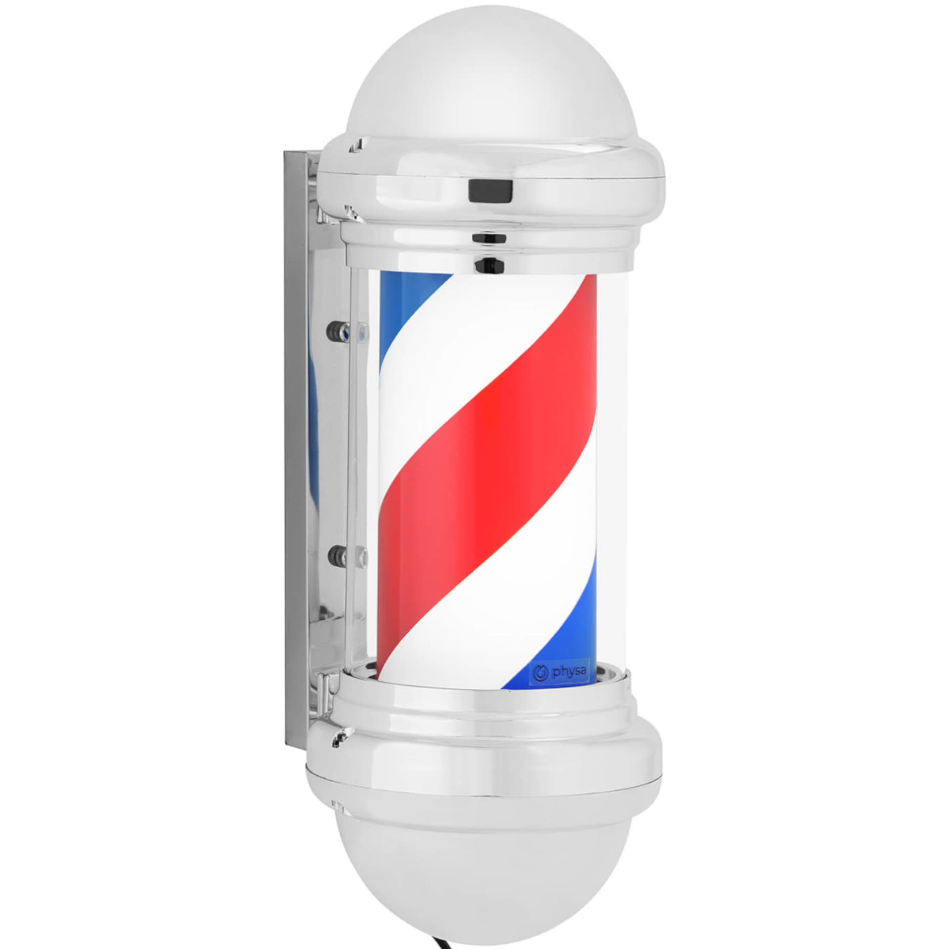 

Słupek szyld fryzjerski barberski barber pole obrotowy podświetlany 25 cm - srebrny
