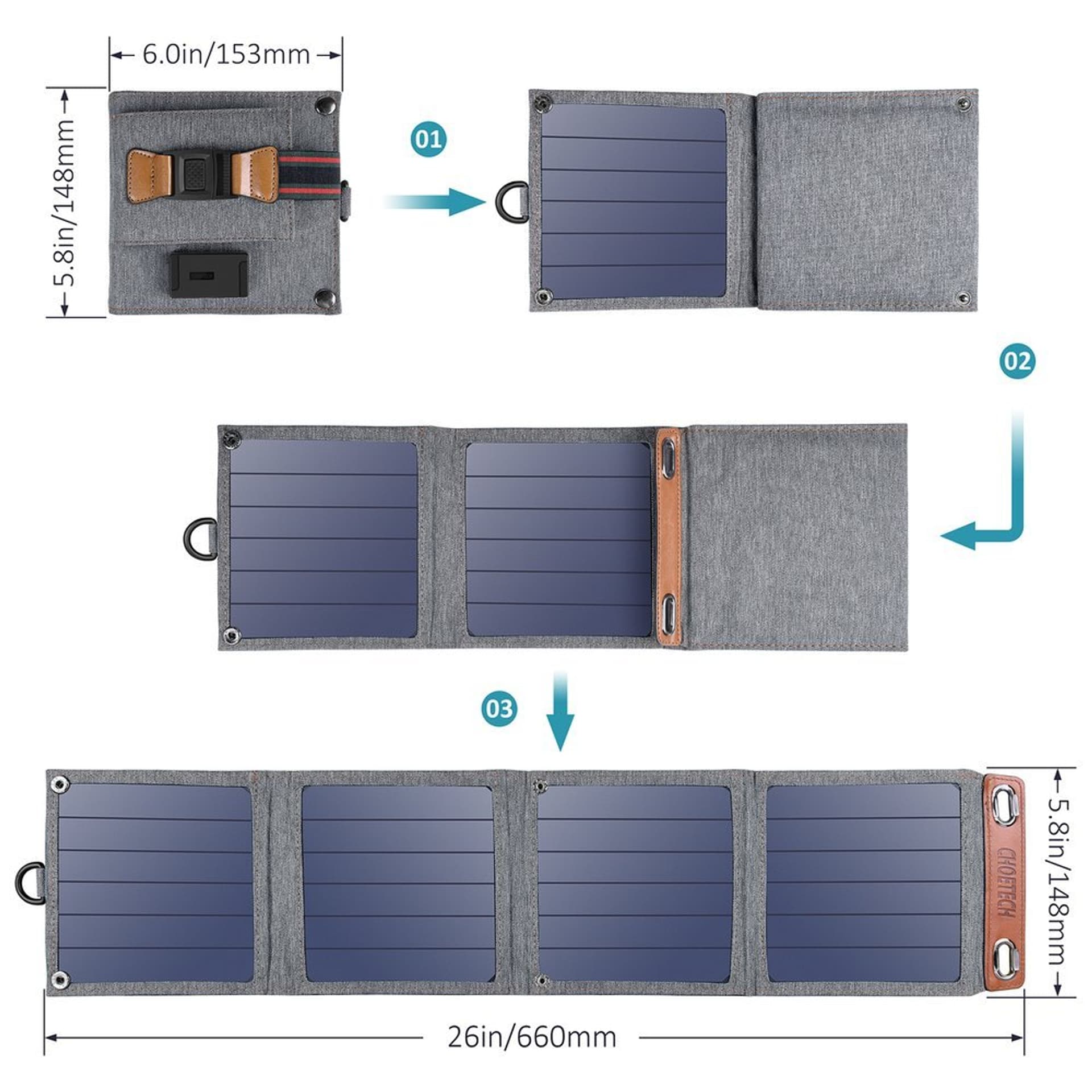 

Choetech rozkładana podróżna ładowarka solarna słoneczna fotowoltaiczna 14W z USB 5V / 2,4A panel słoneczny szary (SC004)