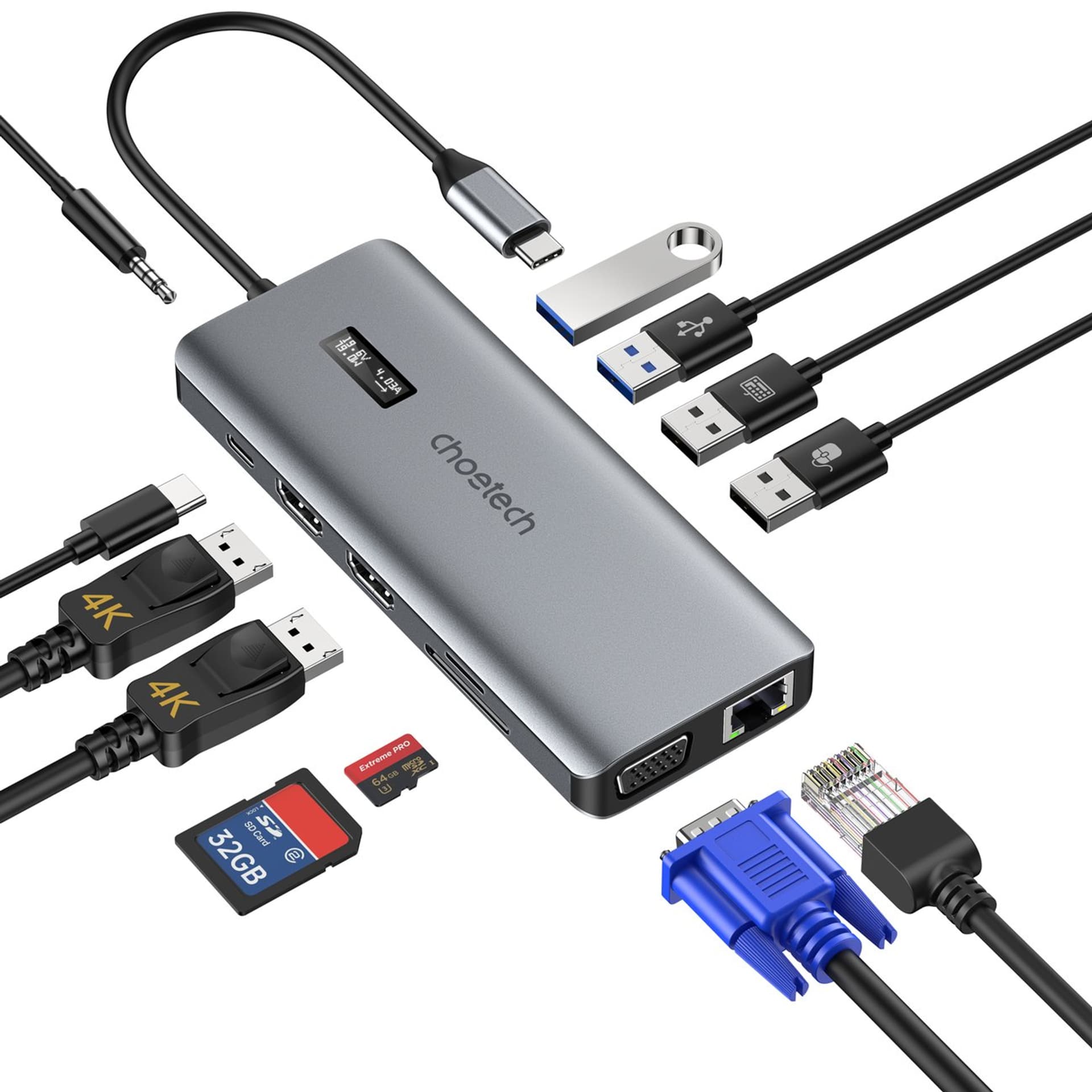 

Adapter HUB wielofunkcyjny z wyświetlaczem USB-C USB-A VGA AUX SD TF 12w1 szary