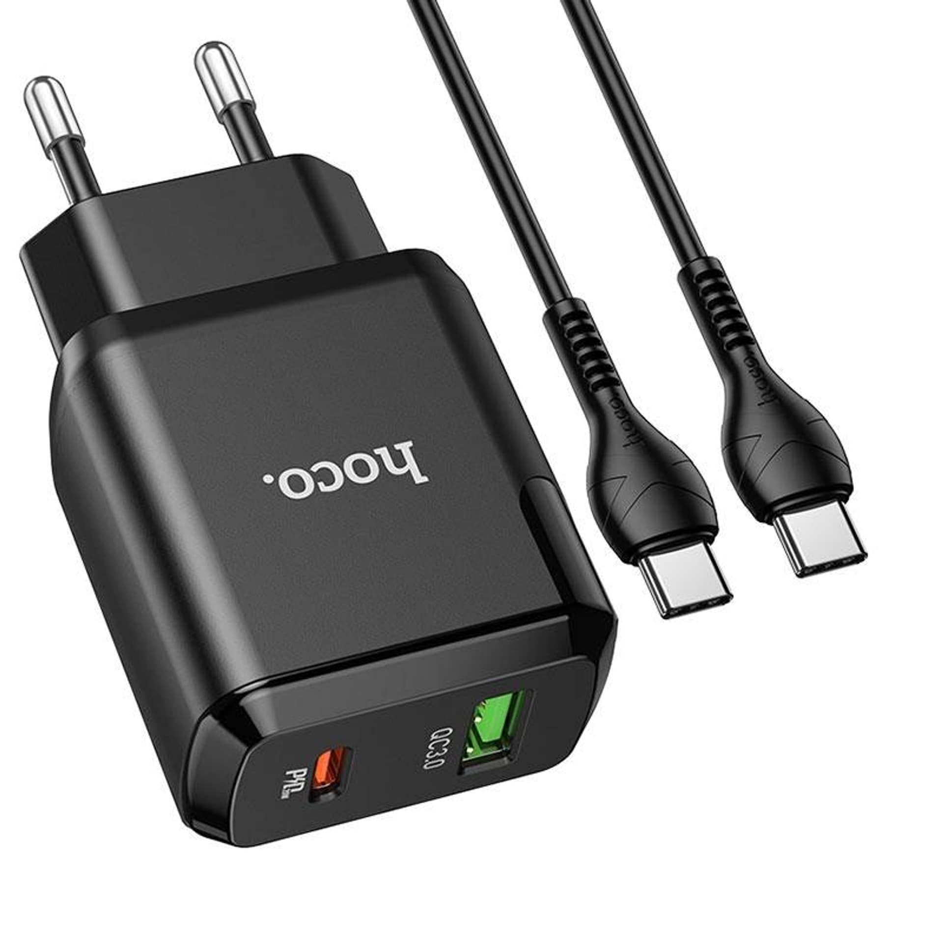 

Ładowarka Sieciowa 3A 20W USB + USB-C PD HOCO N5 + Kabel TYP C na TYP C PD Szybkie Ładowanie Quick Charge 3.0 czarna