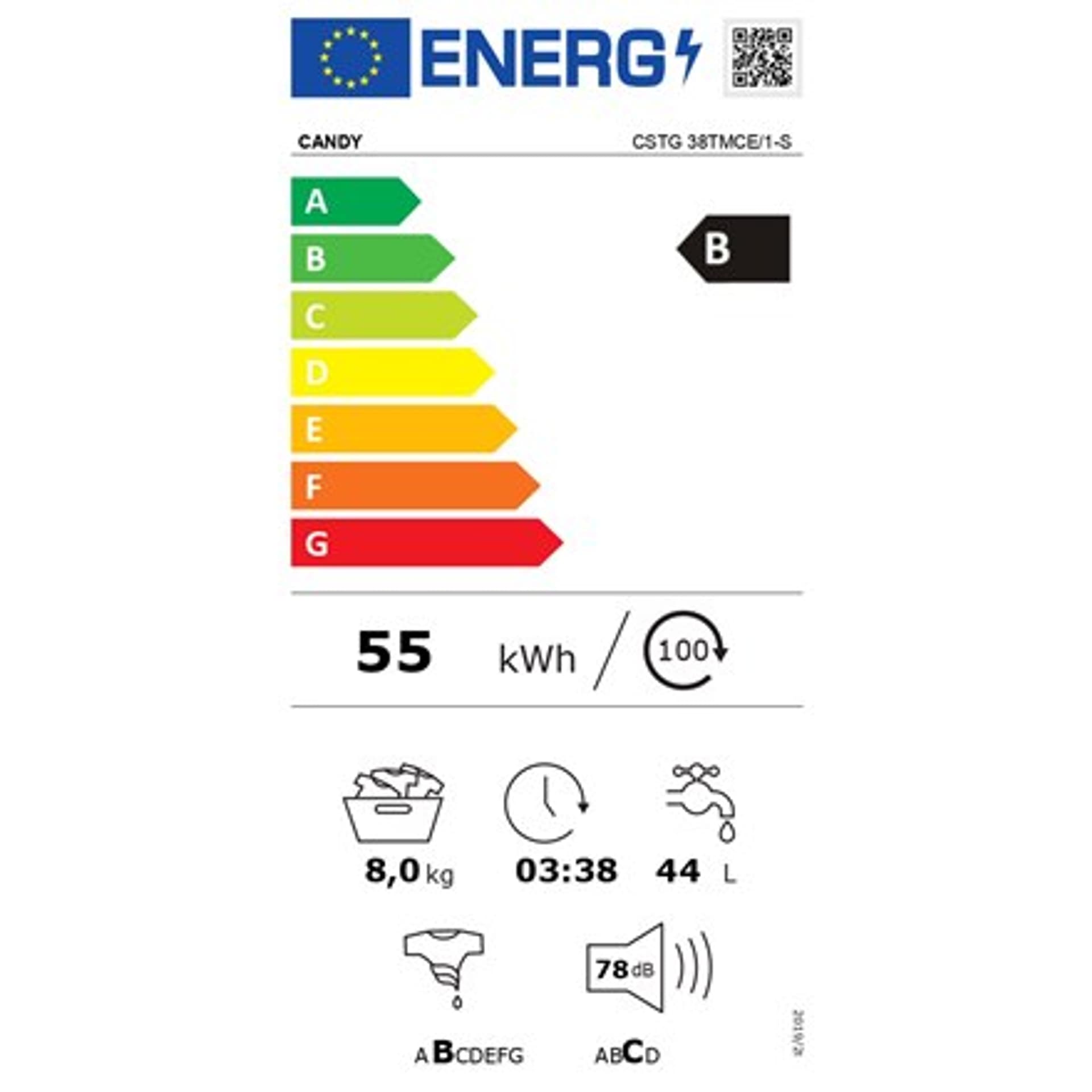 

Pralka Candy CSTG 38TMCE/1-S Klasa efektywności energetycznej B, ładowana od góry, pojemność prania 8 kg, 1300 obr./min, głęboko
