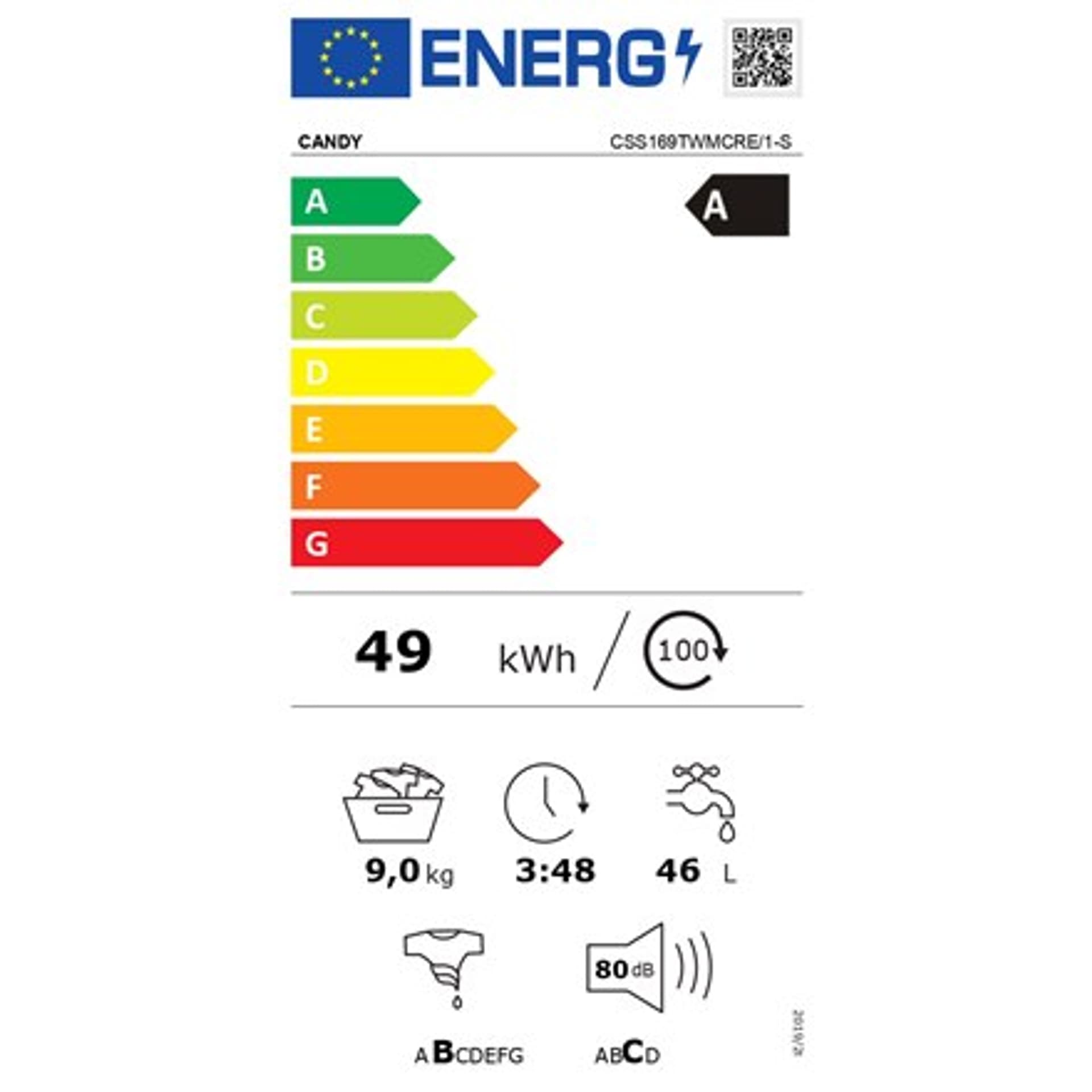 

Pralka Candy CSS169TWMCRE/1-S Klasa energetyczna A, ładowanie od przodu, pojemność prania 9 kg, 1600 obr./min, głębokość 53 cm,