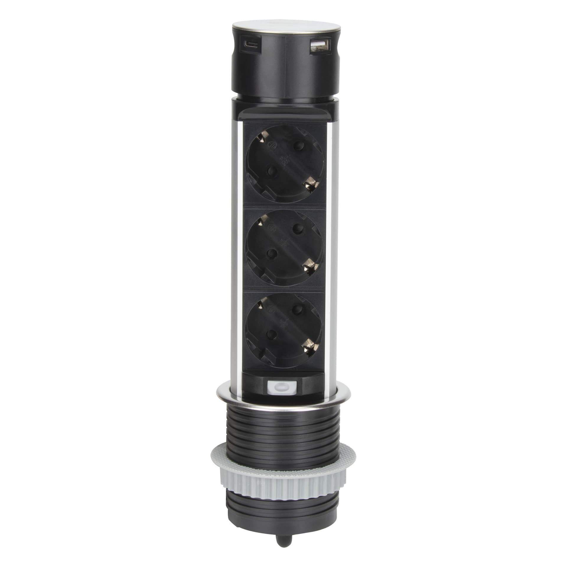 

Wpuszczane gniazdo meblowe 6cm z ładowarką USB i przewodem 1,5m, 3x2P+Z (Schuko), 2xUSB (typ A i typ C), INOX, Typ a i typ c)/ino