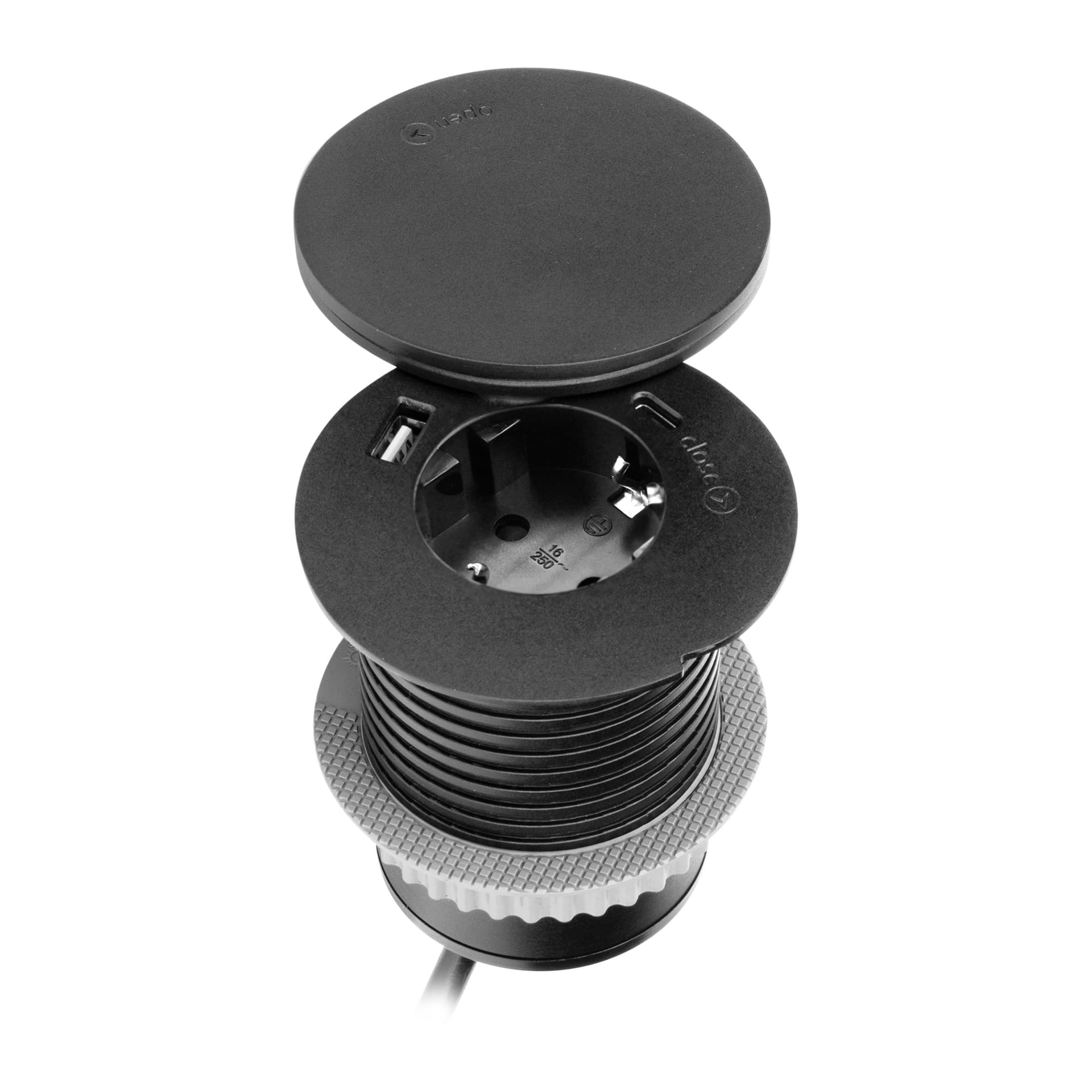 

Gniazdo meblowe 6cm z rotacyjną pokrywą, ładowarką indukcyjną, ładowarką USB i przewodem 1,5m, 1x2P+Z (Schuko), Qi 1.2.4 max. 10W, 2xUSB (typ A i typ C, 2,4A), czarne, Typ a i typ c/2.4a)/czarn