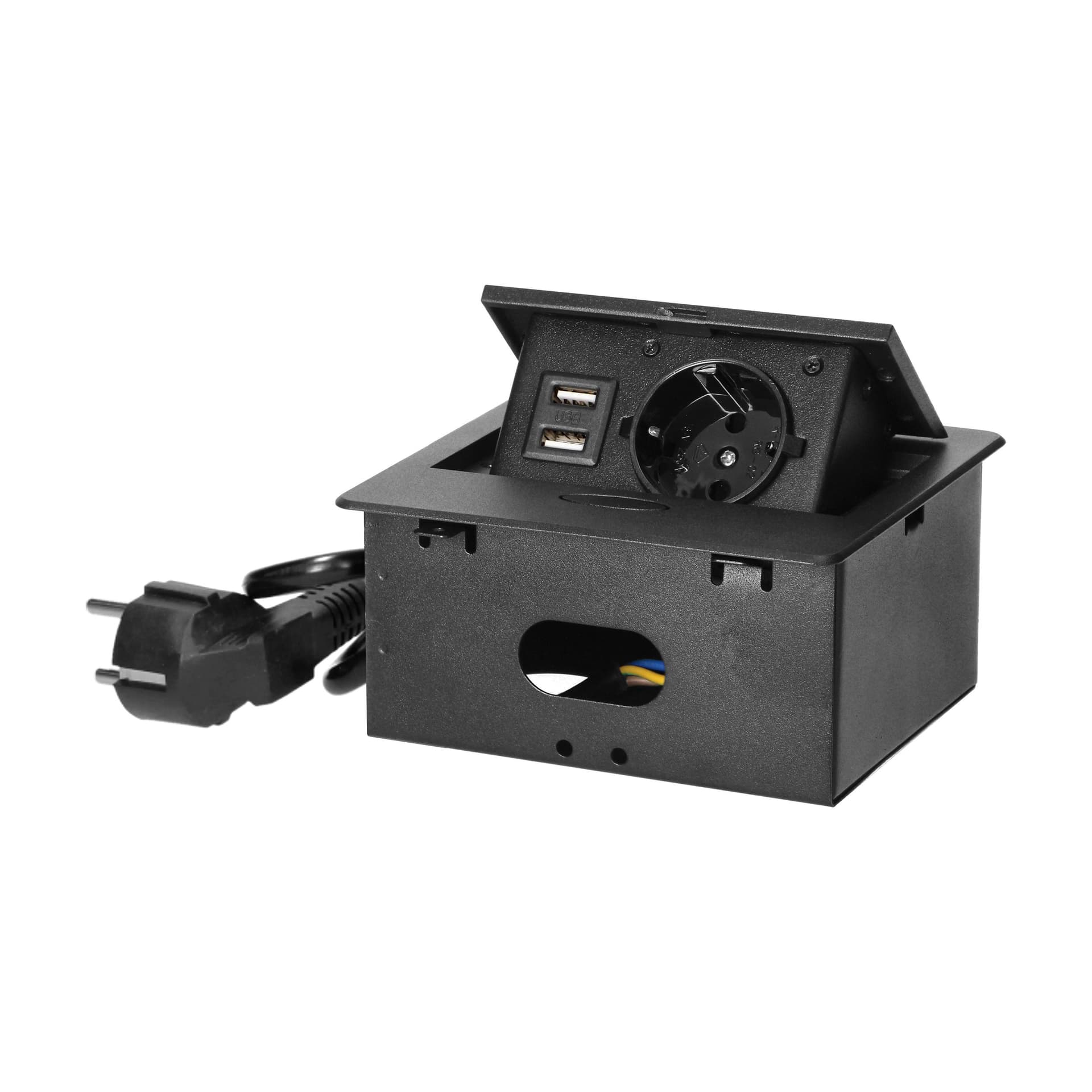 

Wpuszczane gniazdo meblowe z ładowarką USB i przewodem 1,5m, 1x2P+Z Schuko, 2xUSB (typ A, 2,1A), płaski rant frezowany, czarny, Typ a/2.1a)/płaski rant frezowany/czarn