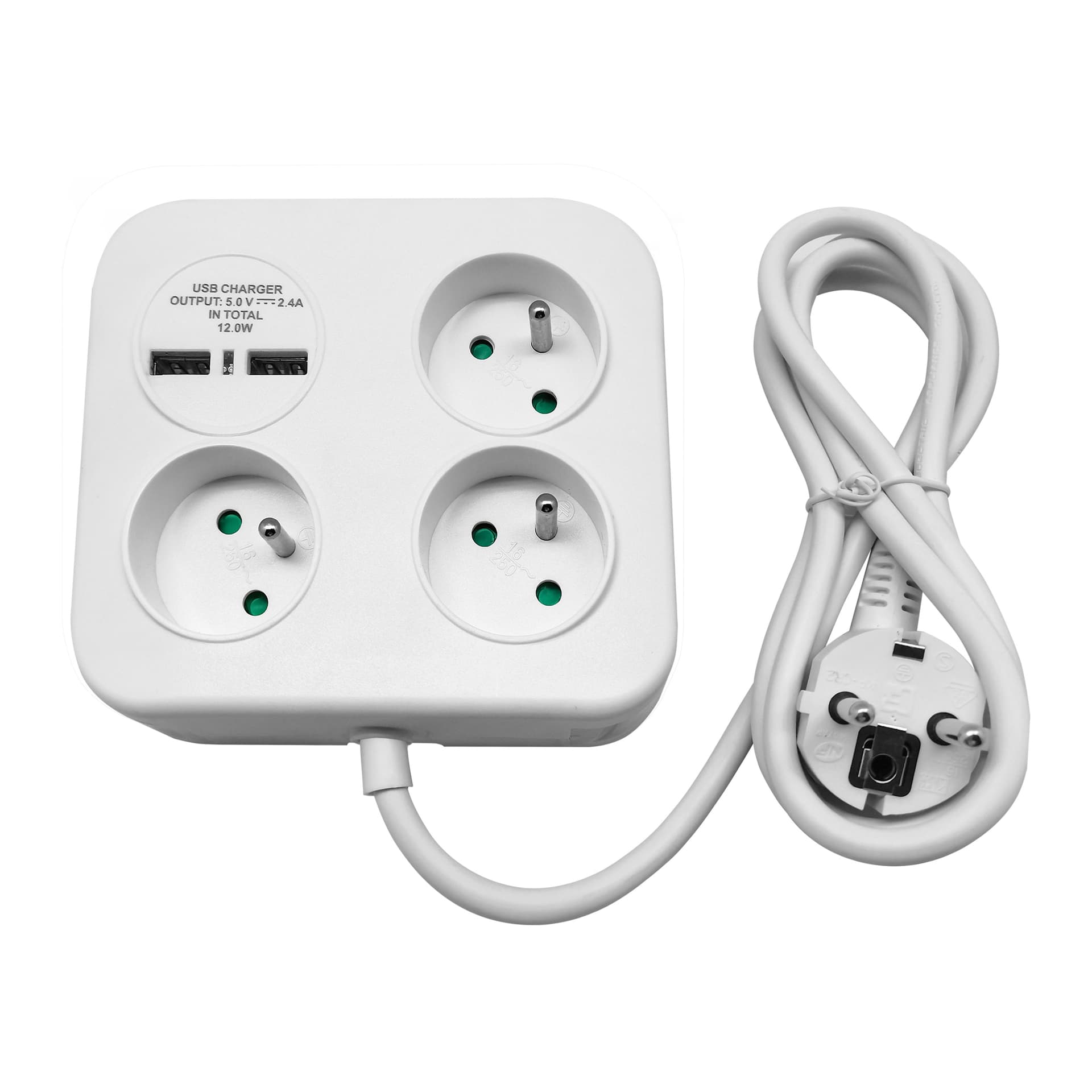 

Kwadratowa listwa zasilająca z ładowarką USB 3x2P+Z, 2xUSB-A, kabel 3x1,0mm2, 1,4m