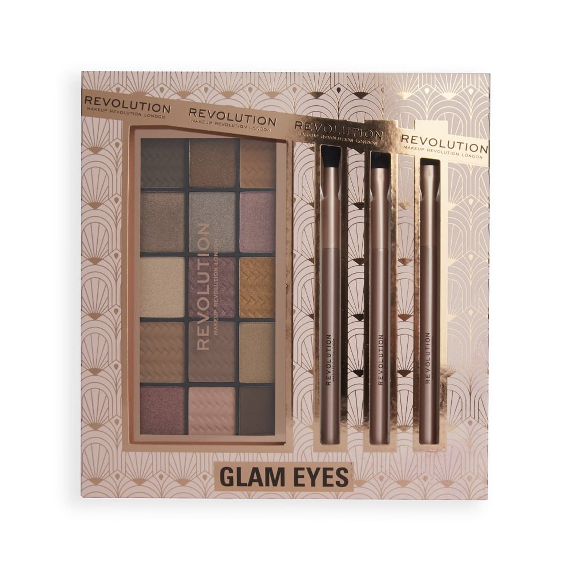 

Makeup Revolution Glam Eyes Makeup Gift Set zestaw Reloaded Eyeshadow Palette paleta cieni do powiek + Eyeshadow Brushes pędzle do makijażu 3szt