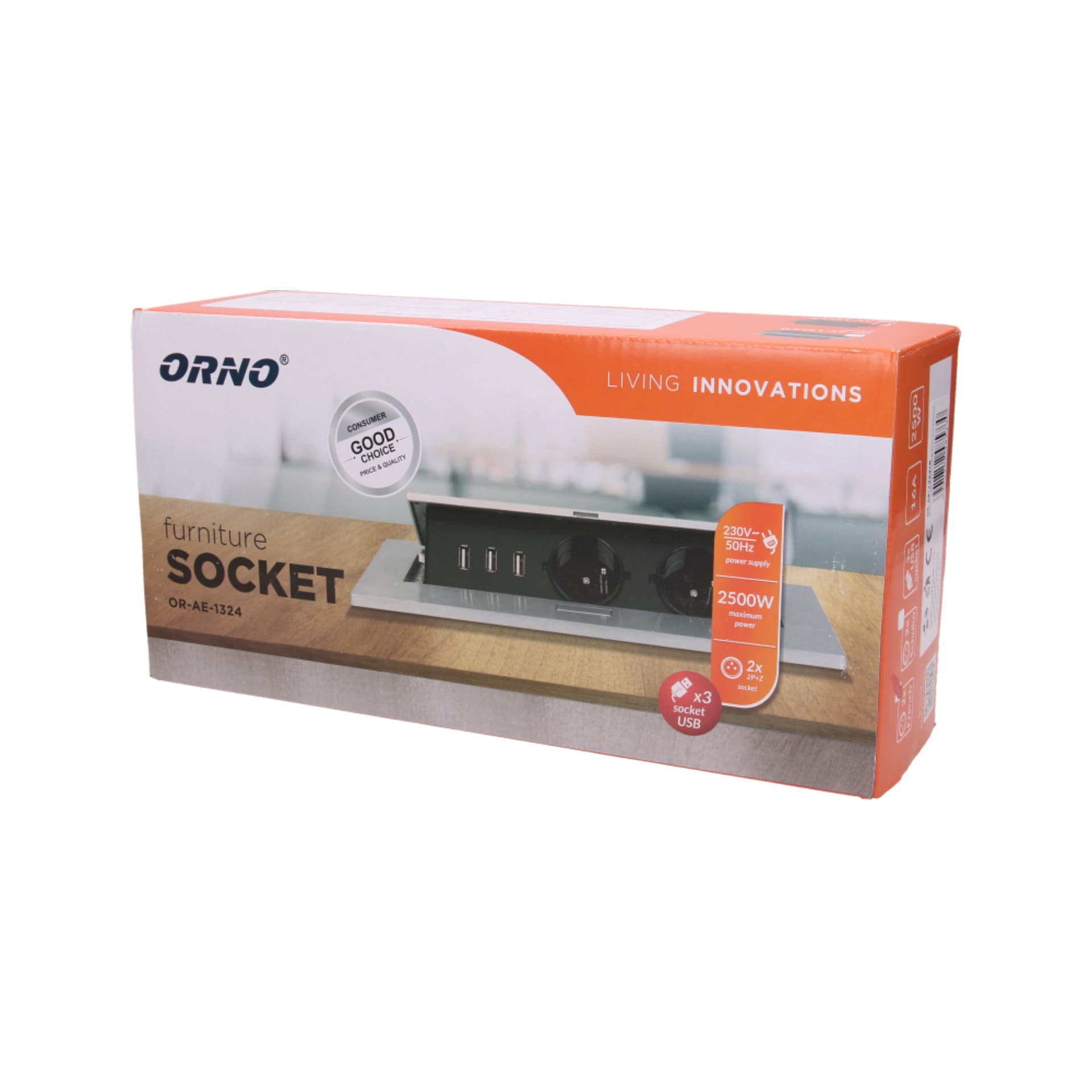 

Gniazdo meblowe wpuszczane w blat z grubym rantem, 2x2P+Z, 3 porty USB, srebrne