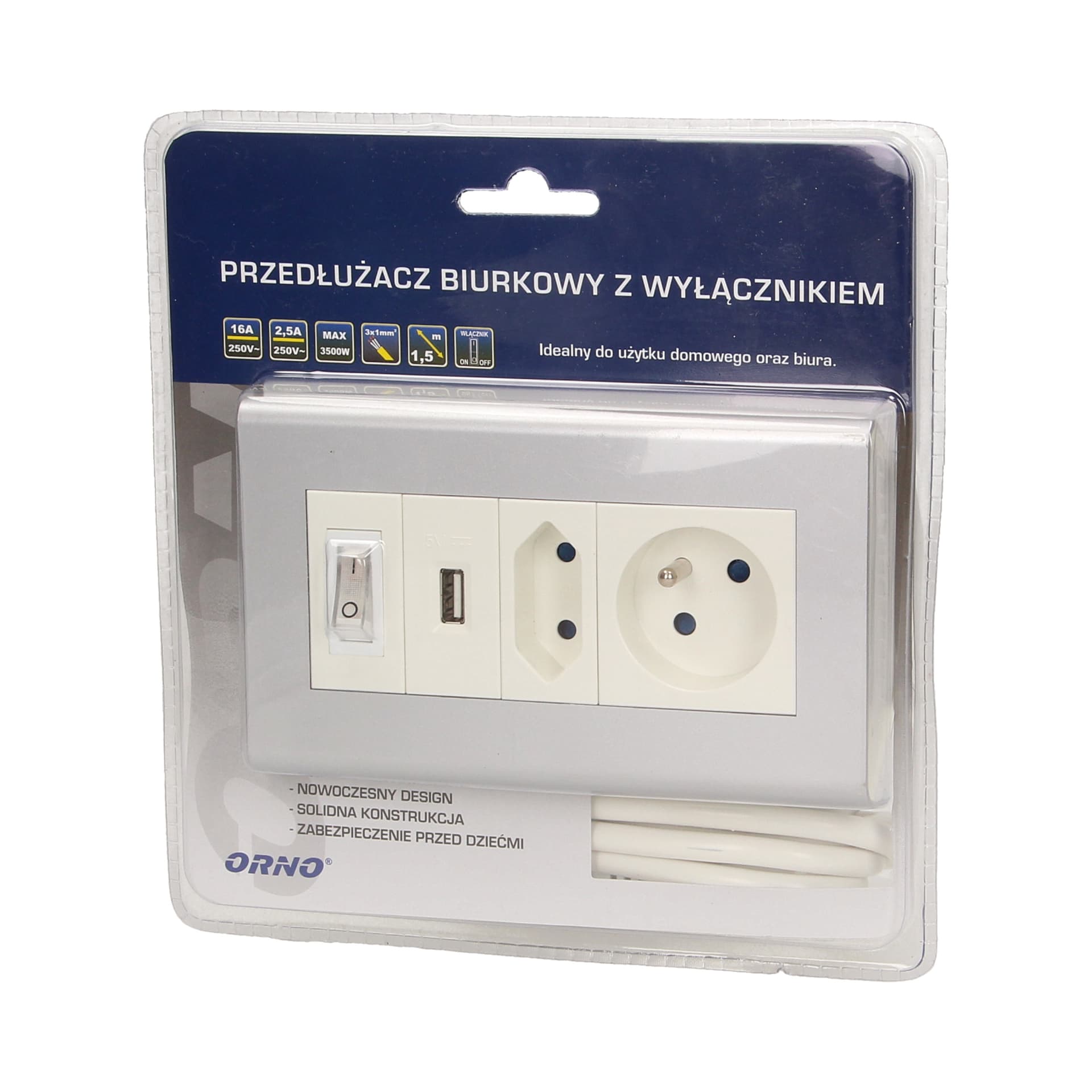 

Przedłużacz biurkowy z wyłącznikiem i ładowarką, 1x2P+Z, 1x2P/II, 1xUSB, przewód 1,5m 3x1mm